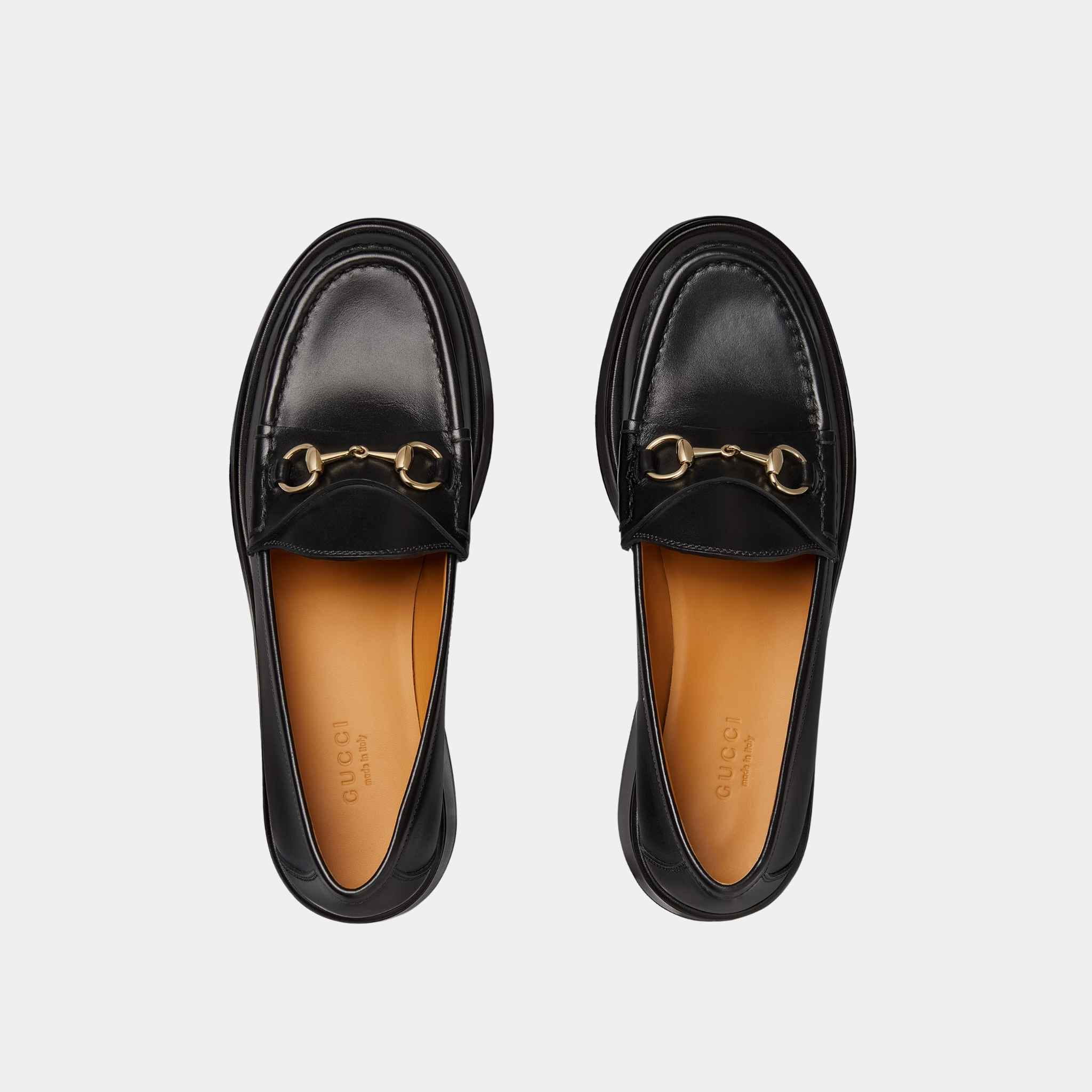 Gucci Horsebit Wedge Leather Loafer, Black, Top