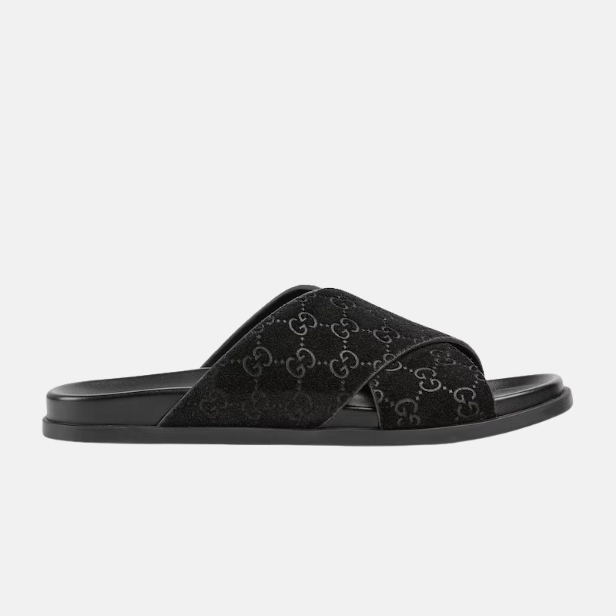 Gucci Mens Slide Sandal With Criss Cross Straps, Black, Side
