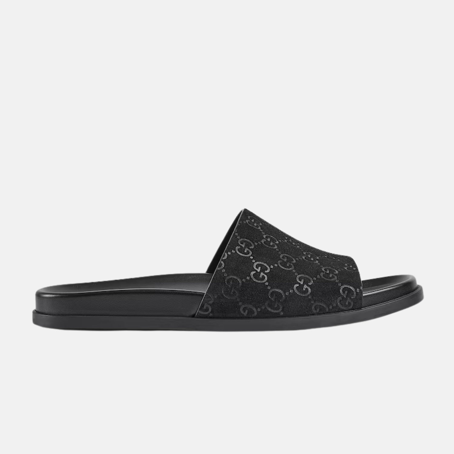 Gucci Mens Slide Sandal In GG Suede, Black, Side