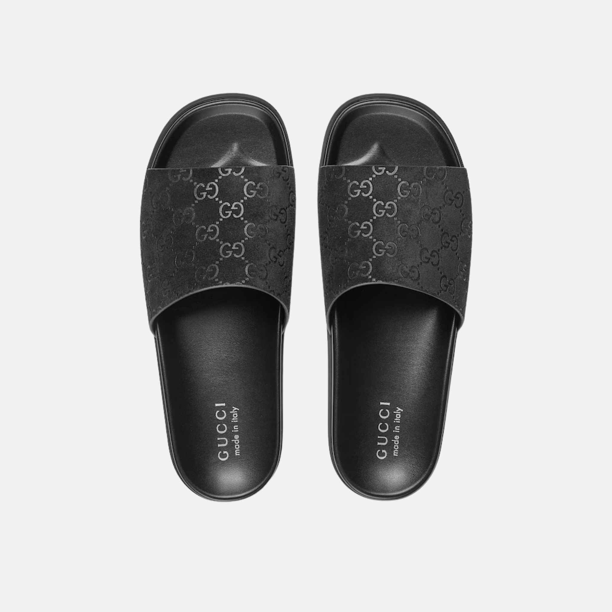 Gucci Mens Slide Sandal In GG Suede, Black, Top