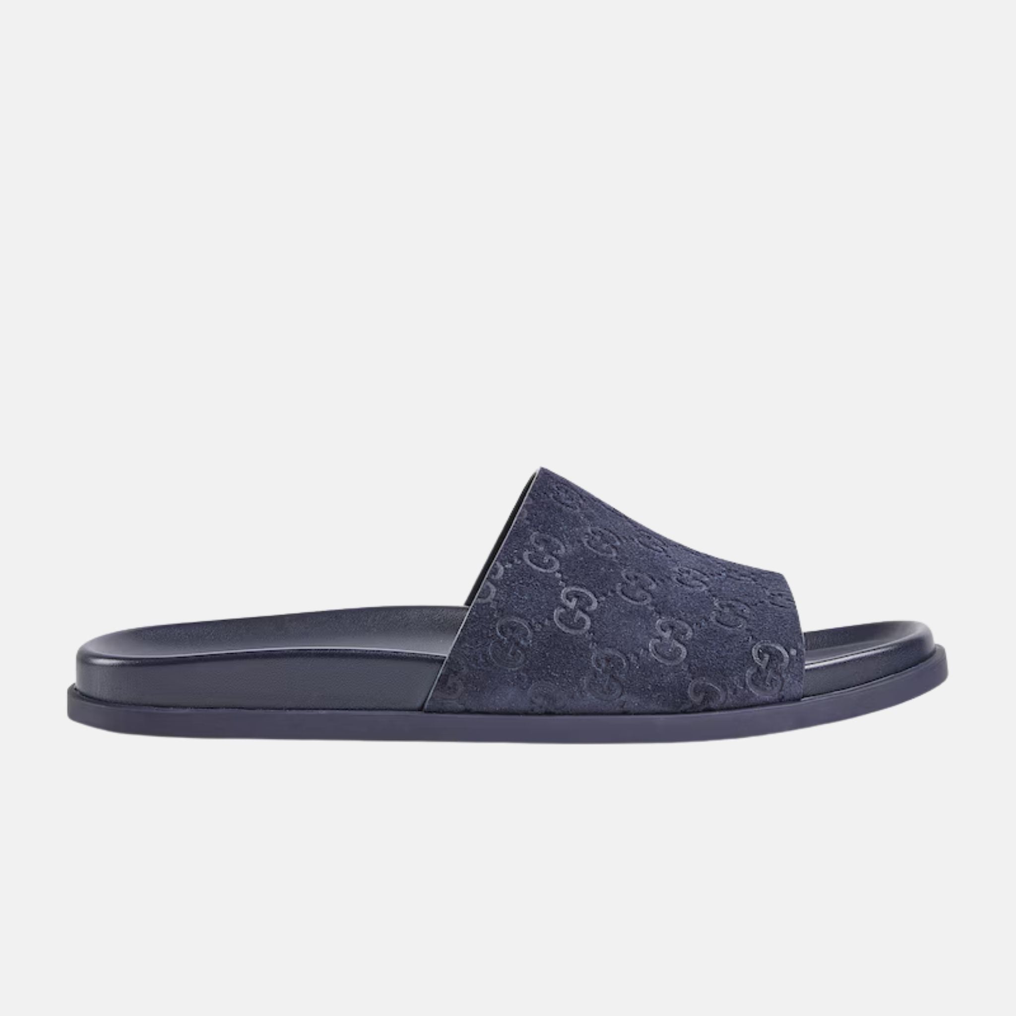 Gucci Mens Slide Sandal In GG Suede, Blue, Side