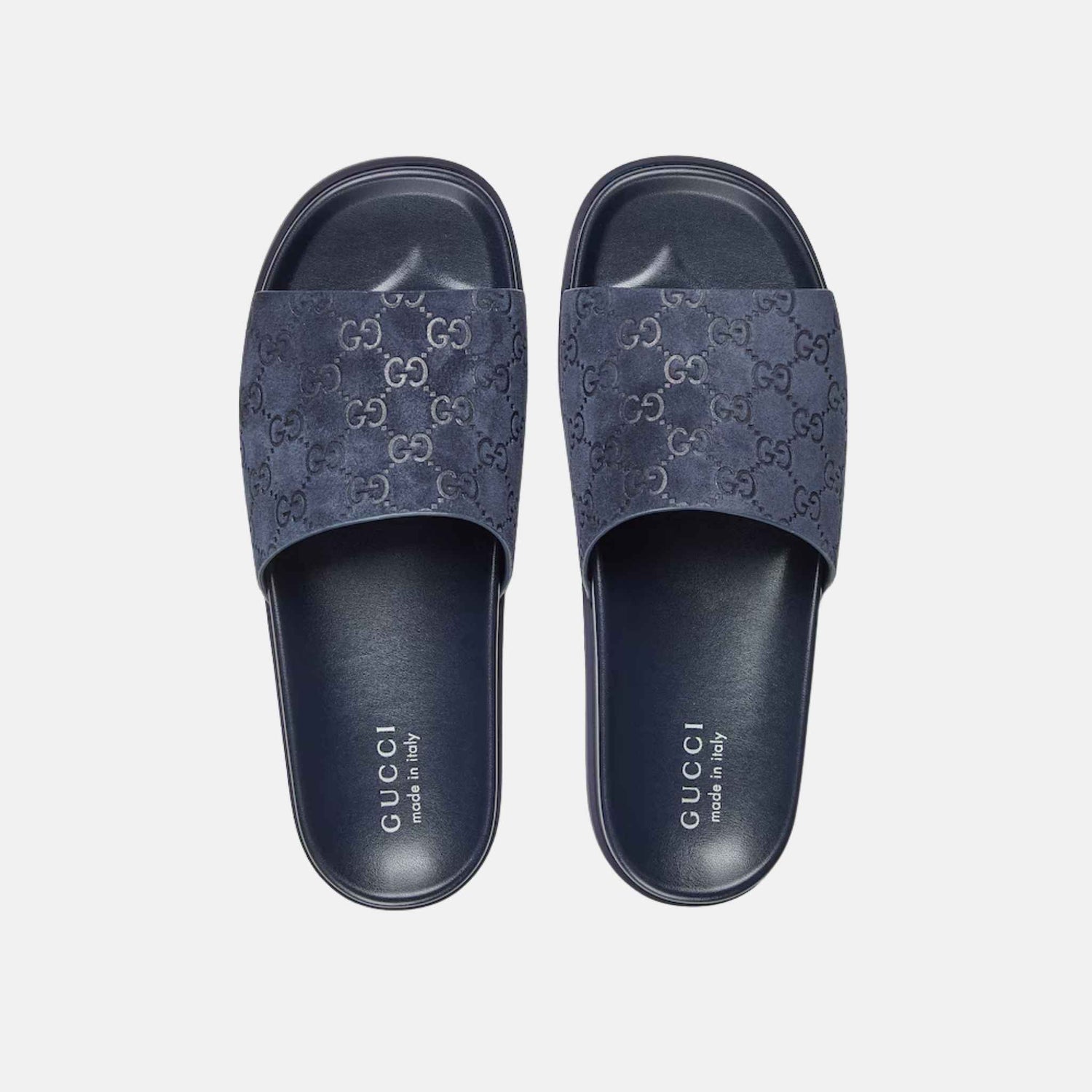 Gucci Mens Slide Sandal In GG Suede, Blue, Top