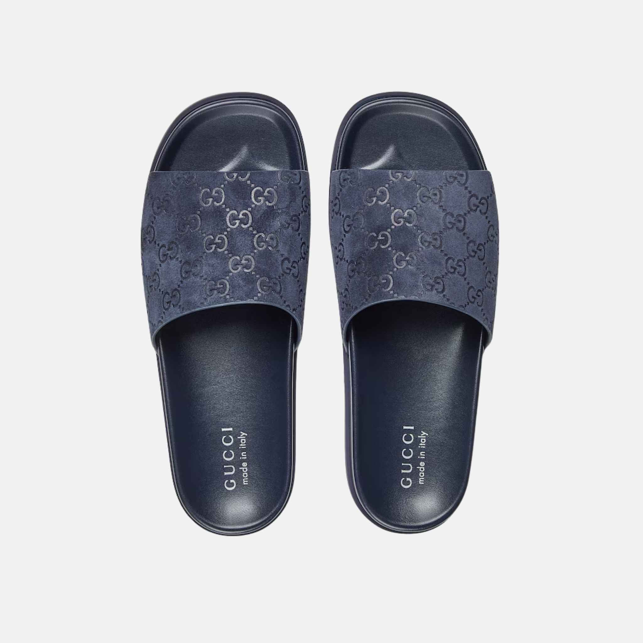 Gucci Mens Slide Sandal In GG Suede, Blue, Top