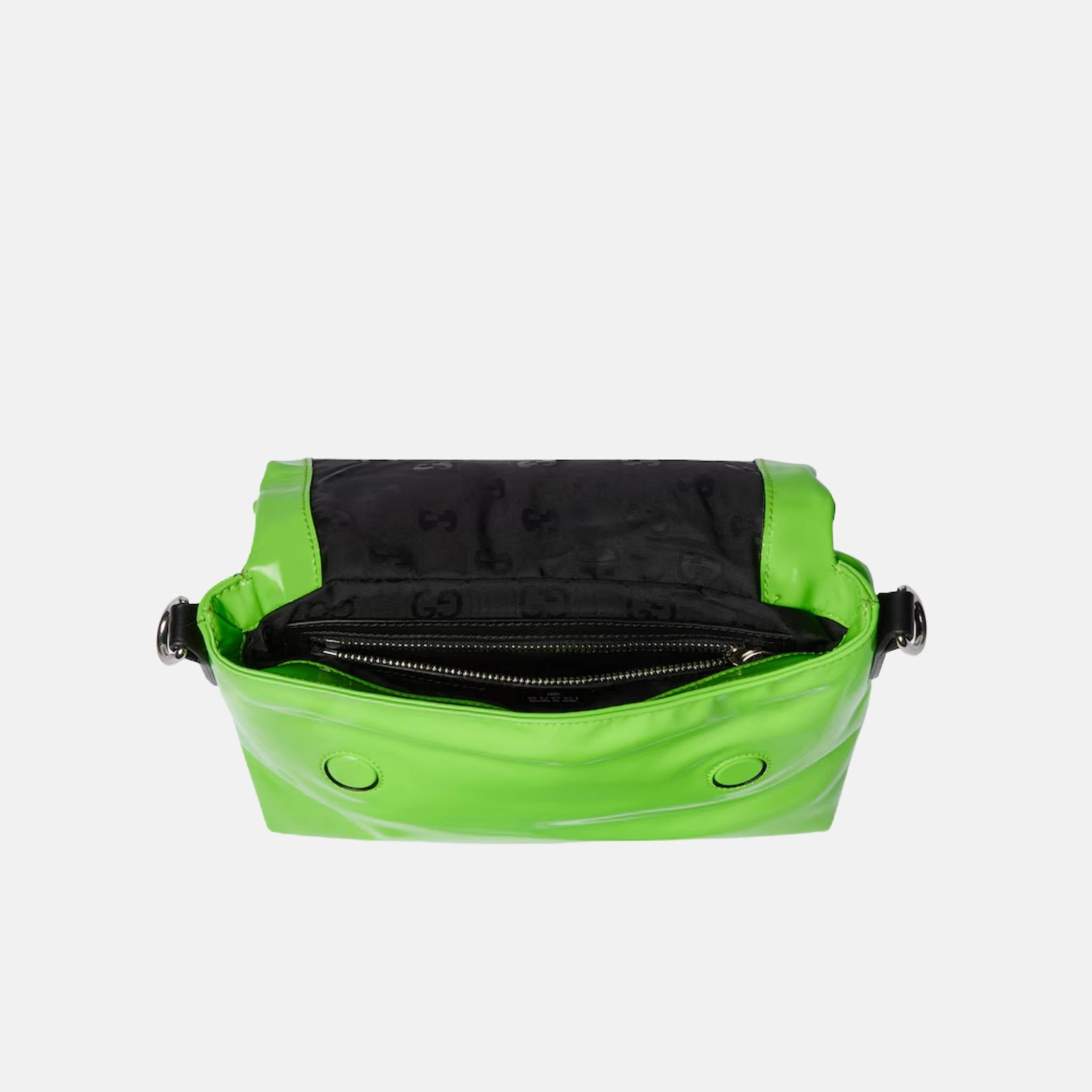 Gucci Padded Mini Crossbody Bag In Patent Leather, Green, Inside