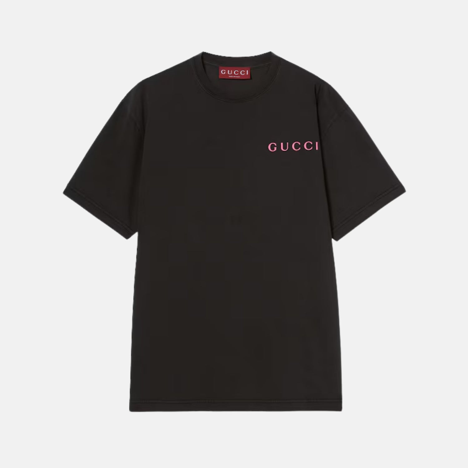Gucci Printed Cotton Jersey T Shirt With Gucci Logo, Black, Front