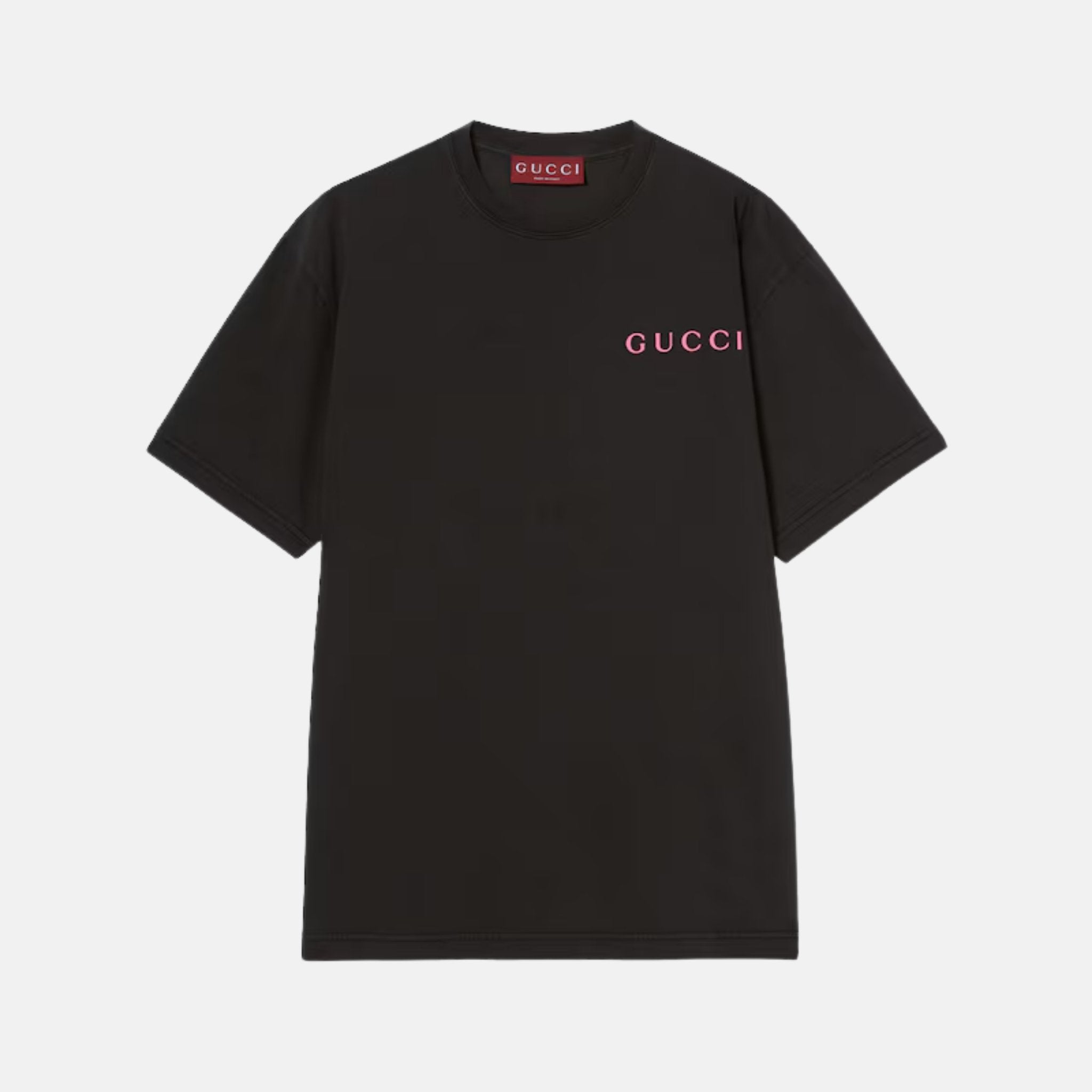 Gucci Printed Cotton Jersey T Shirt With Gucci Logo, Black, Front