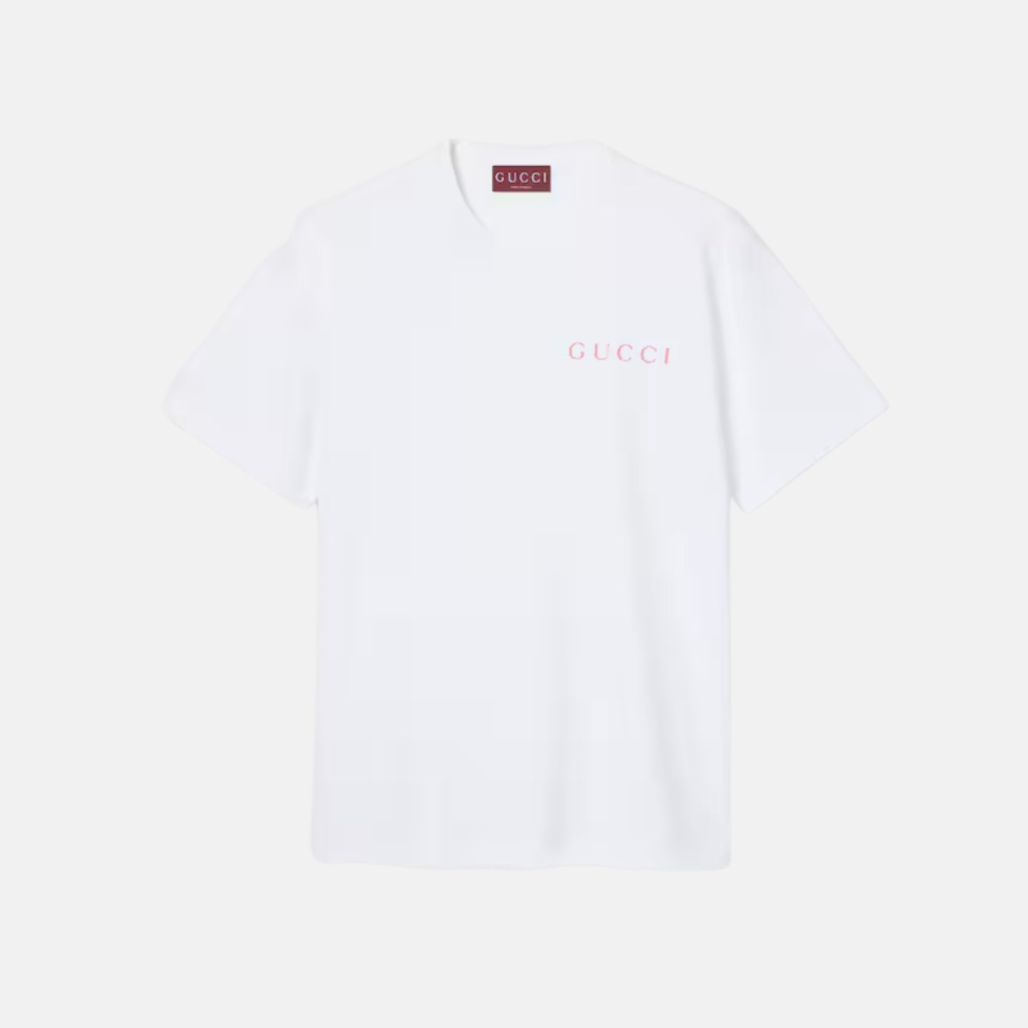 Gucci Printed Cotton Jersey T Shirt With Gucci Logo, White, Front