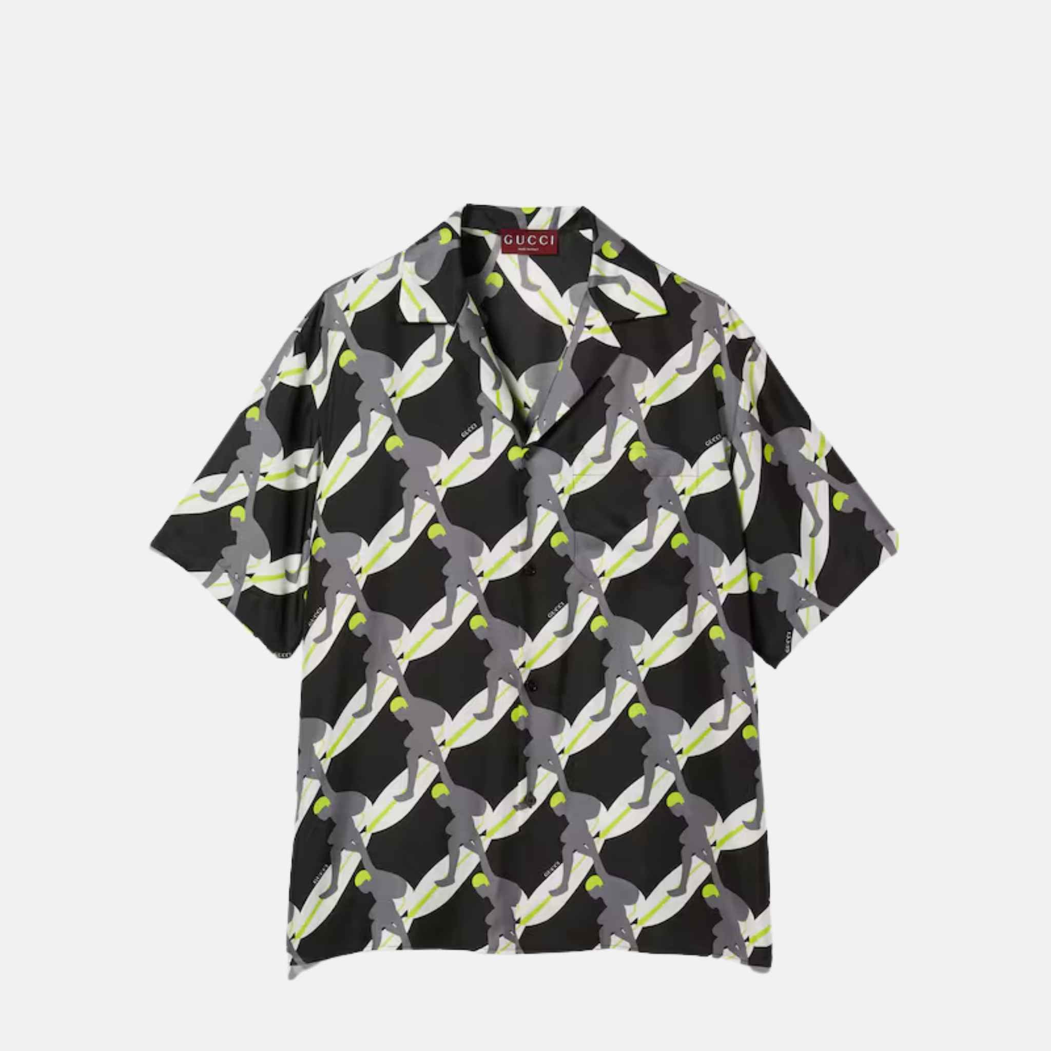 Gucci Printed Silk Bowling Shirt, Black, Front