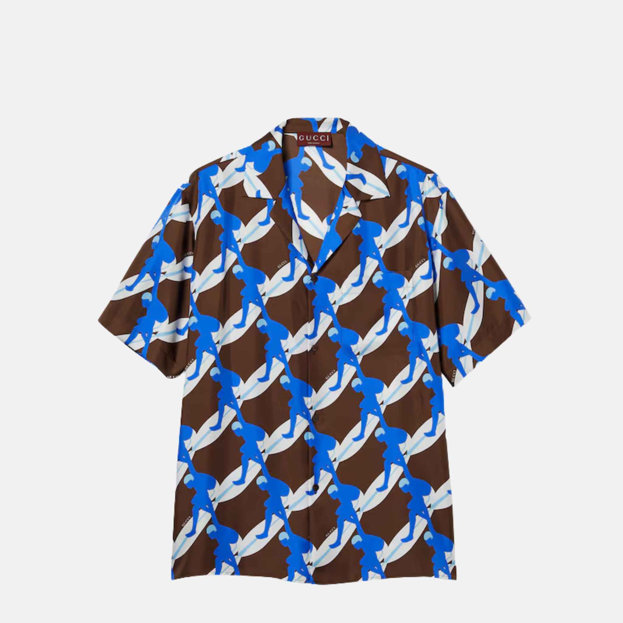 Gucci Printed Silk Bowling Shirt, Blue, Front