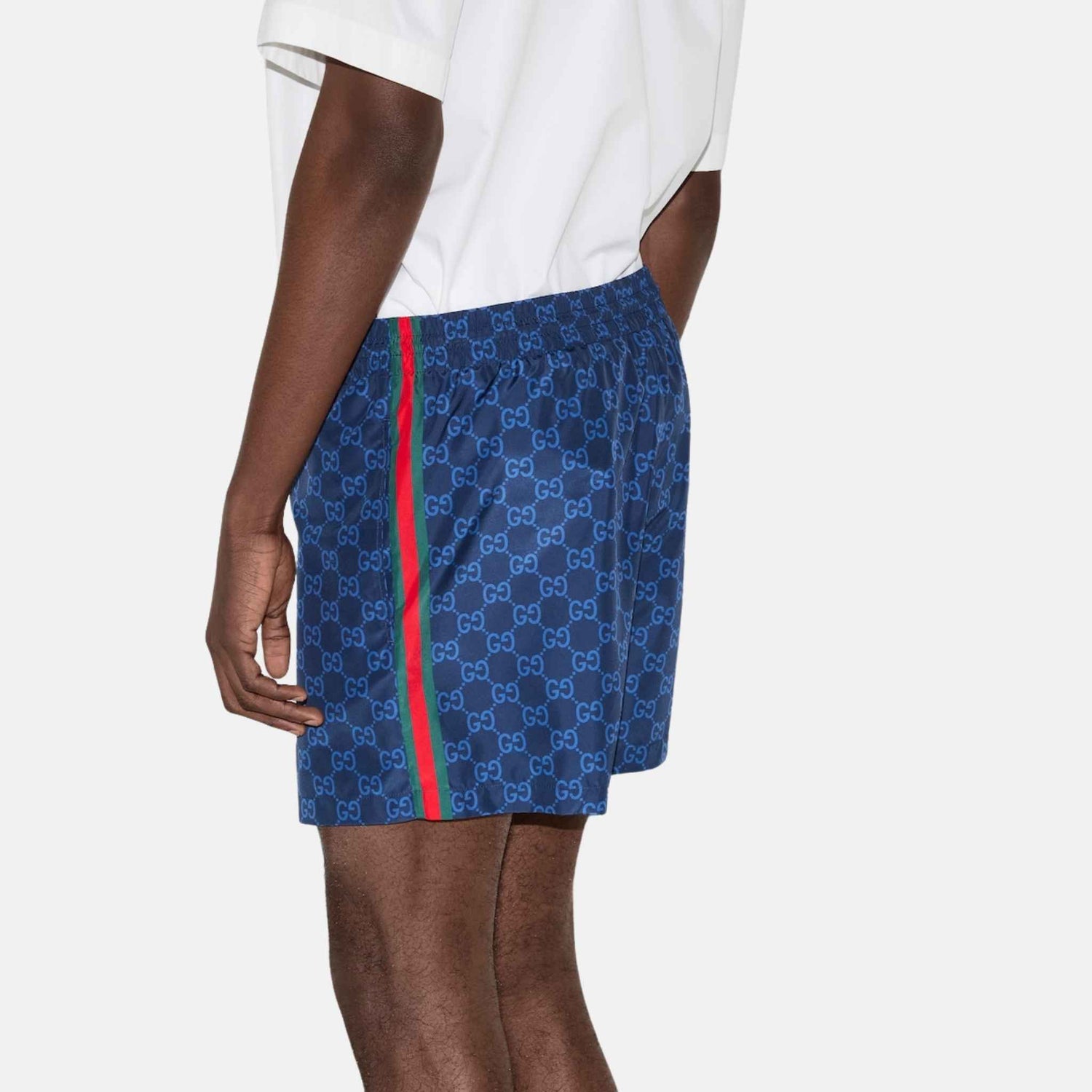Gucci Printed Technical Poplin Swim Shorts With GG Print, Blue, Back
