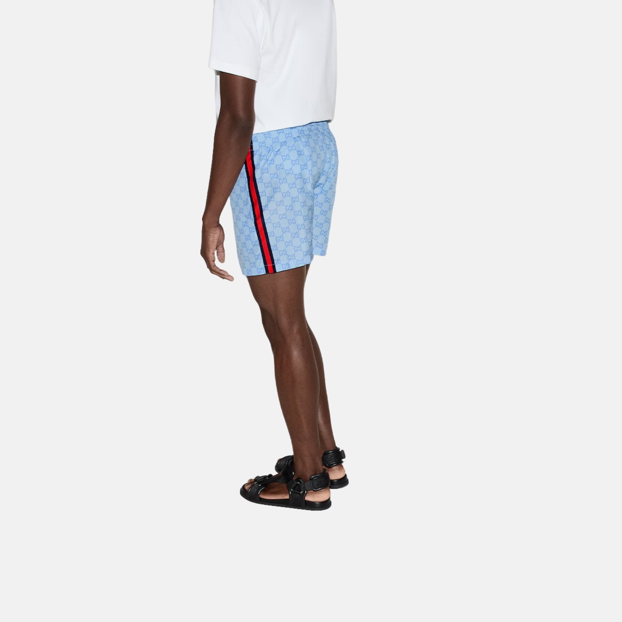 Gucci Printed Technical Poplin Swim Shorts With GG Print, Light Blue, Back