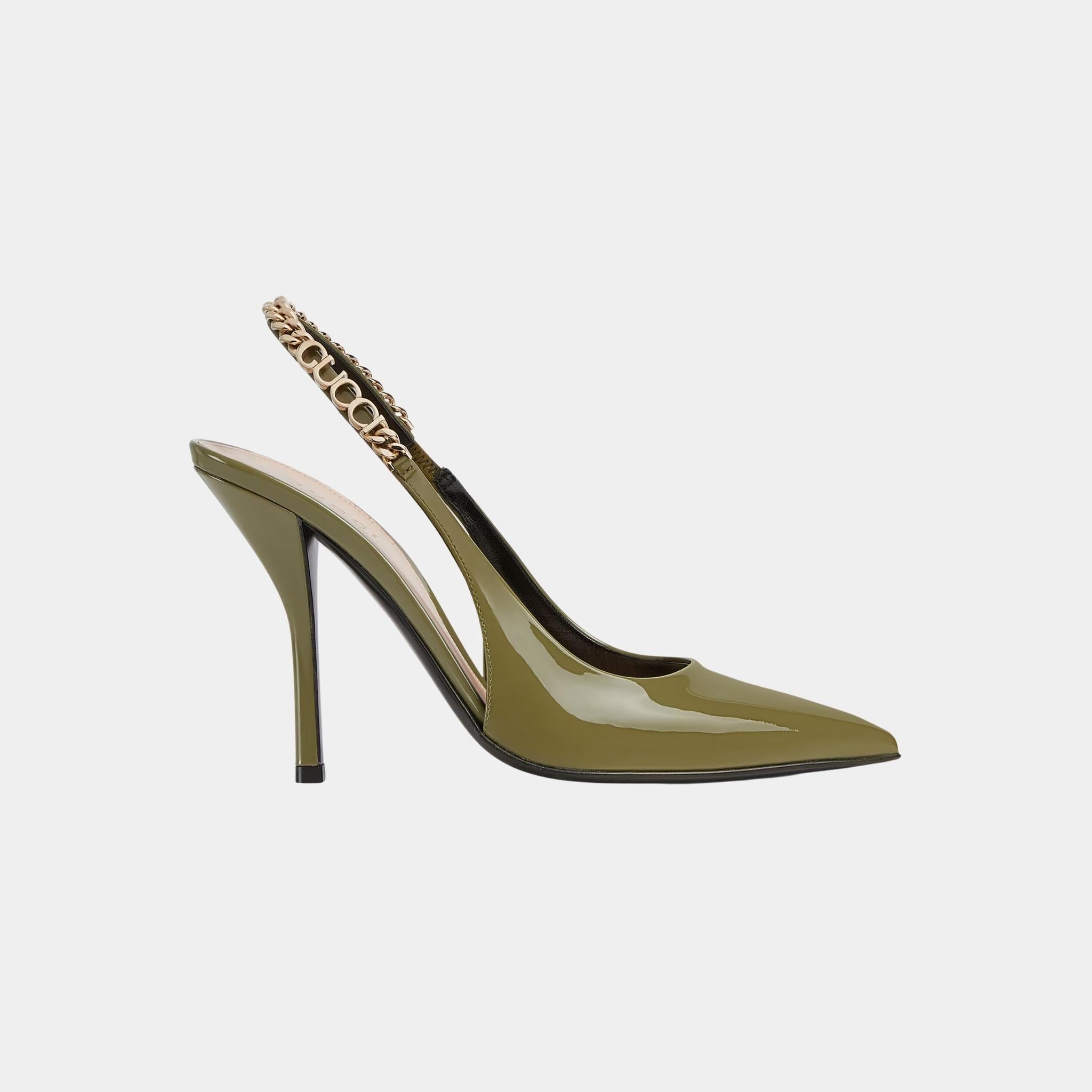 Gucci Signoria Slingback Patent Leather Pump, Dark Green, Side