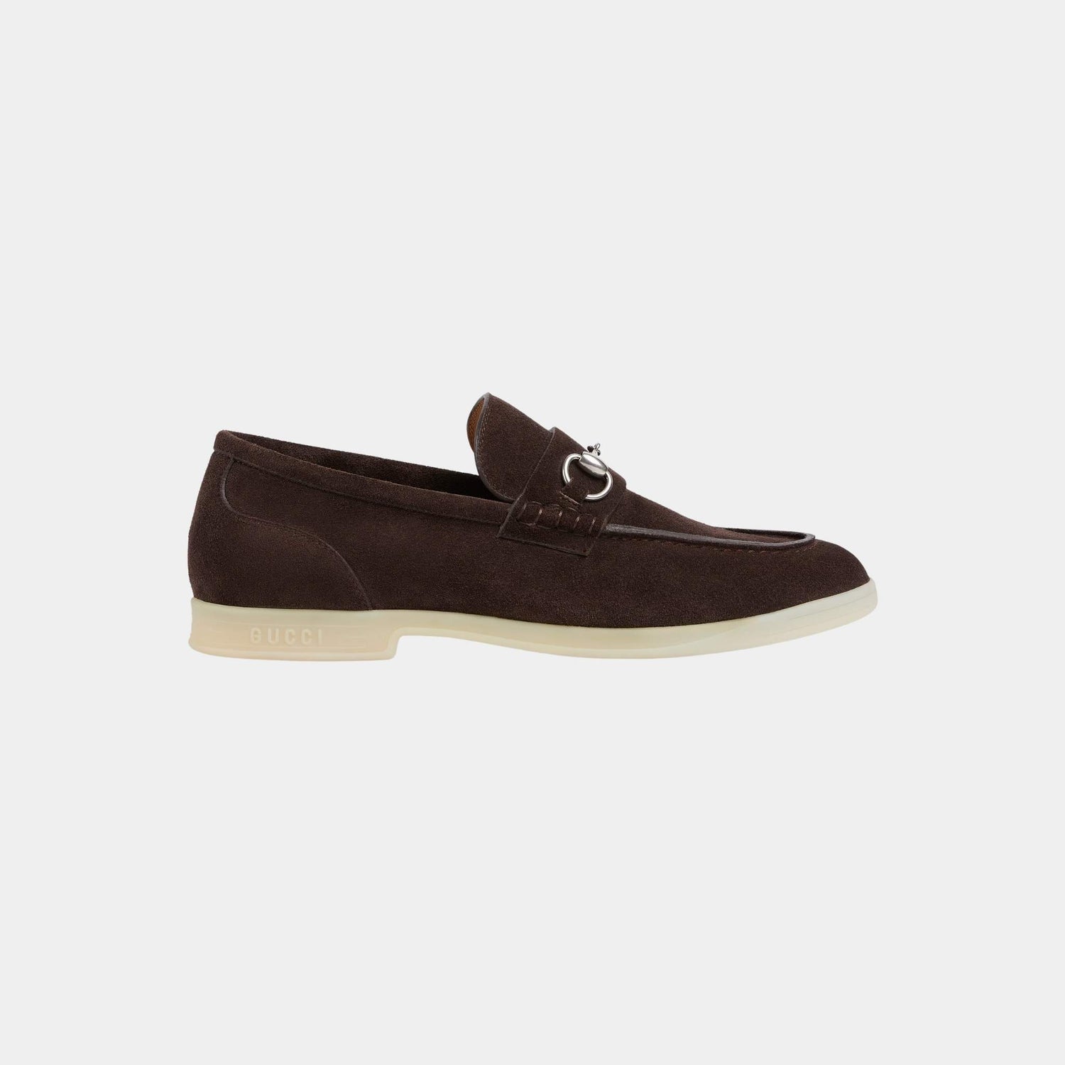 Suede Loafer with Horsebit And Silver-Toned Hardware, Dark Brown, Side