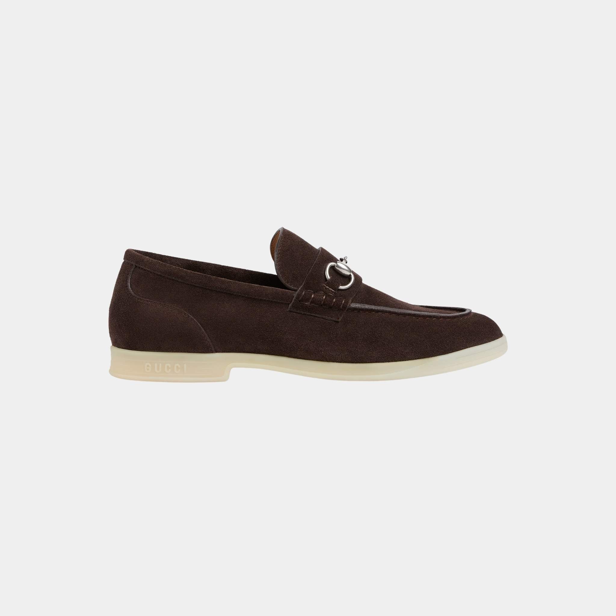 Suede Loafer with Horsebit And Silver-Toned Hardware, Dark Brown, Side