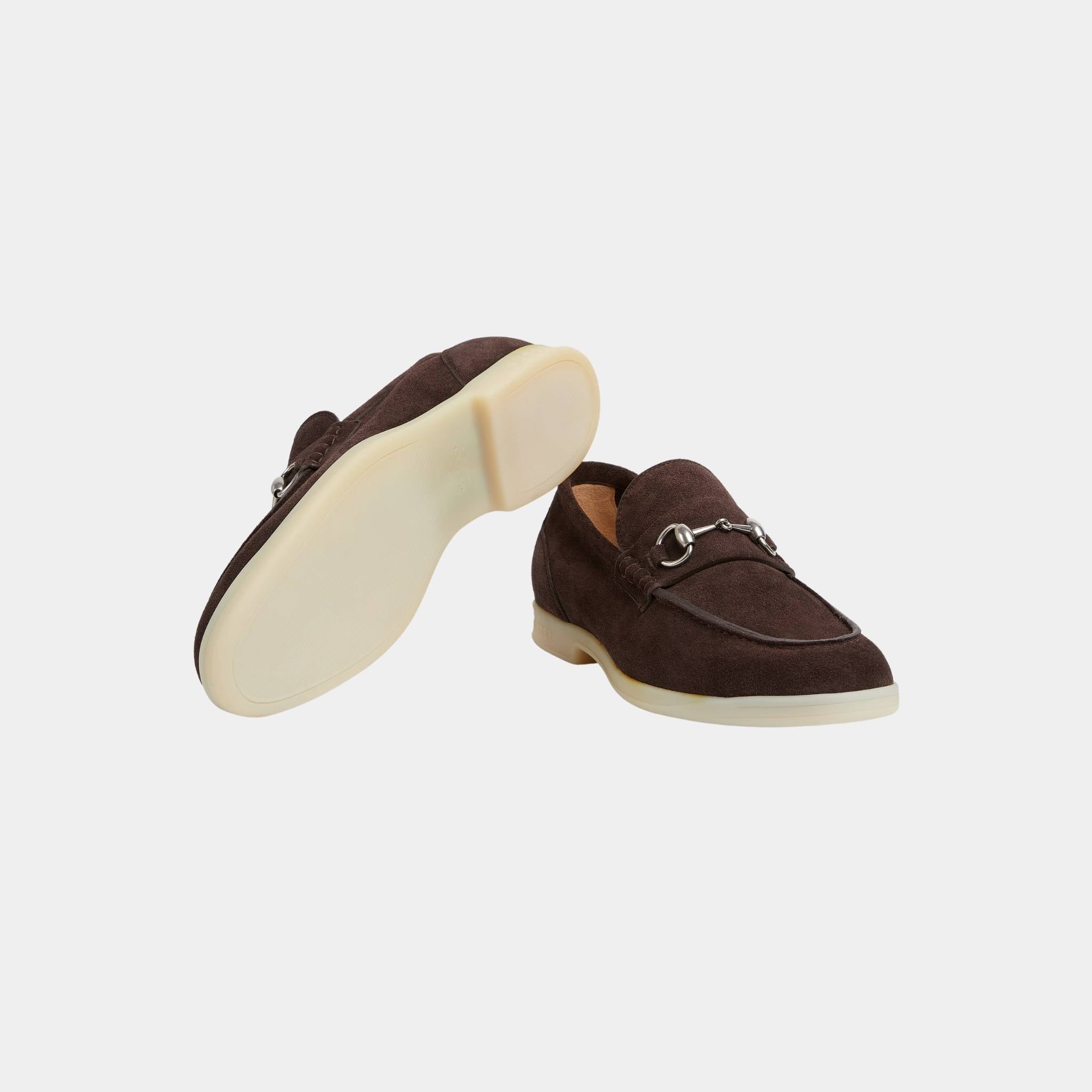Suede Loafer with Horsebit And Silver-Toned Hardware, Dark Brown, Sole