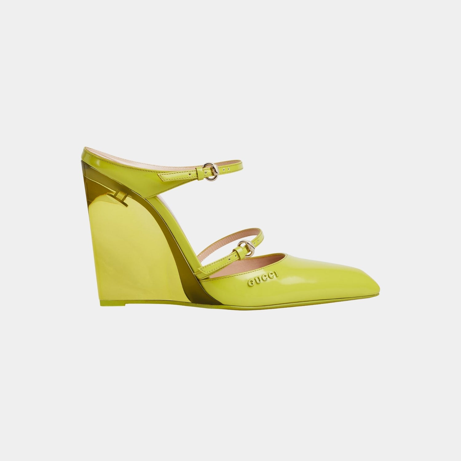 Gucci Wedge Shiny Leather Mule, Acid Green, Side