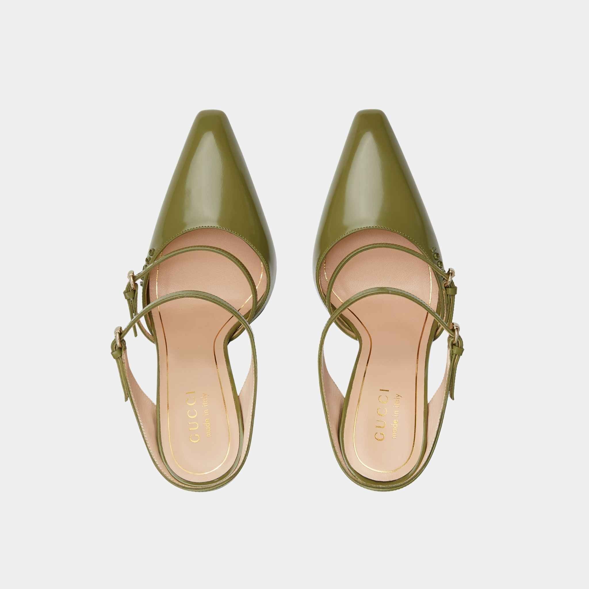 Gucci Wedge Shiny Leather Mule, Dark Green, Top