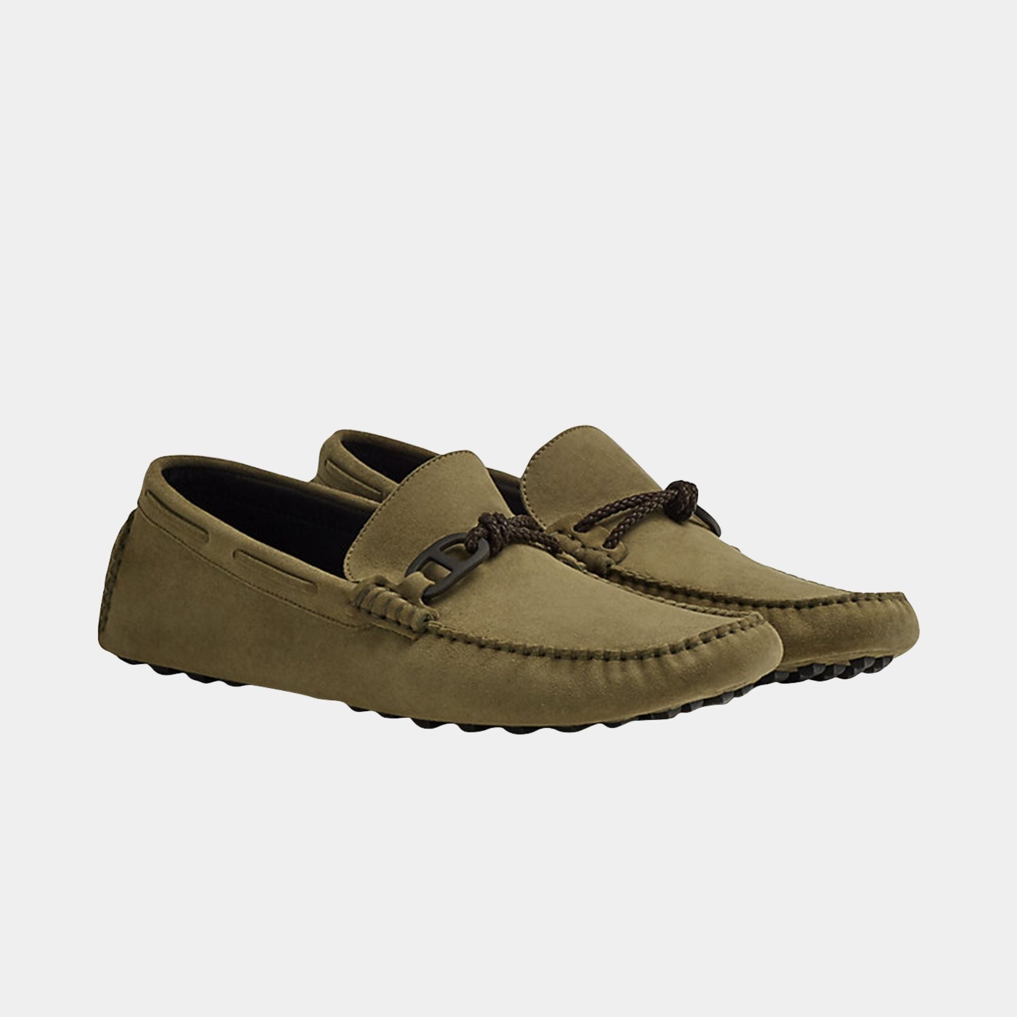 Hermes Alessandro Loafer in Suede Goatskin, Khaki, Front