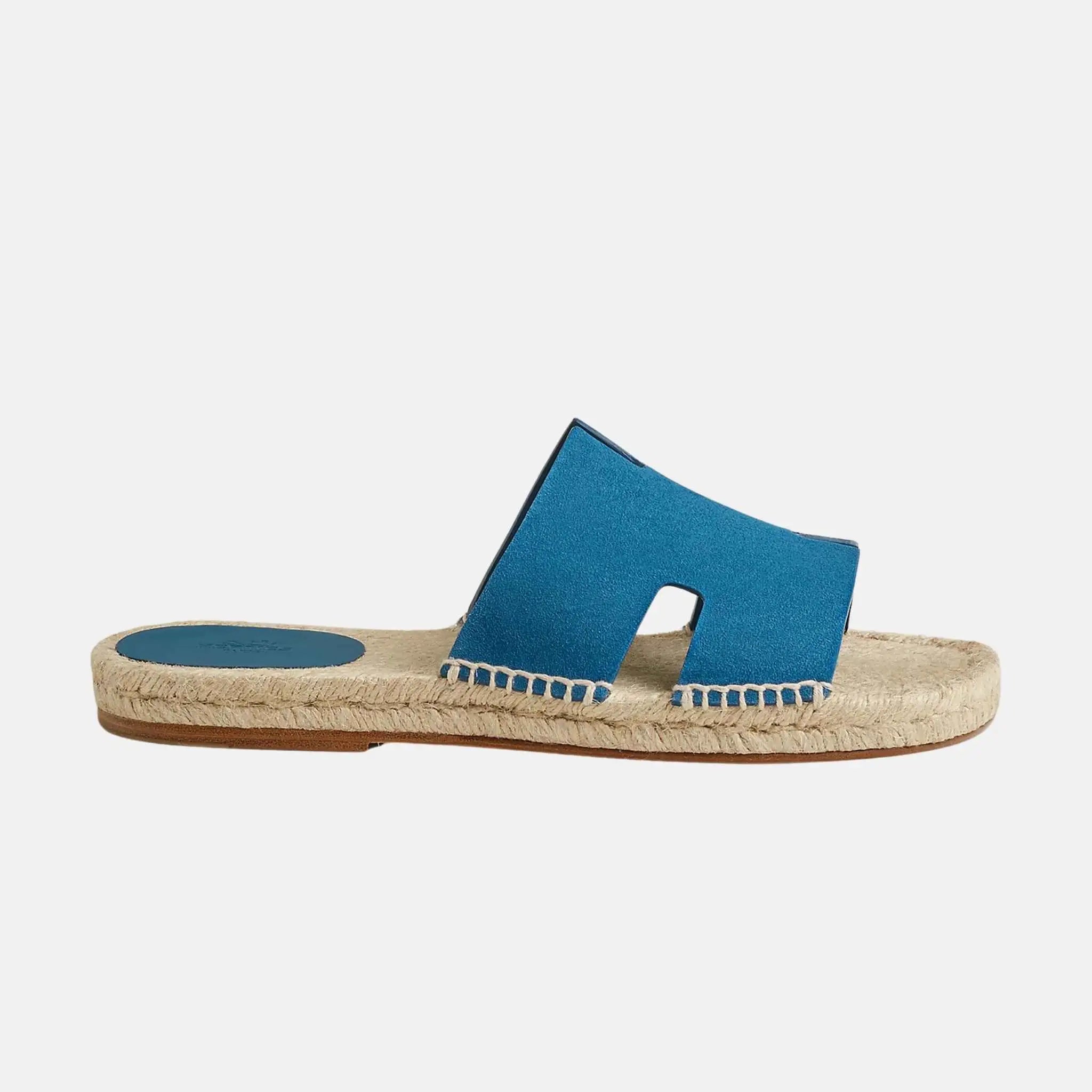 Hermes Antigua Espadrille In Suede Goatskin, Bleu Bleuet, Side