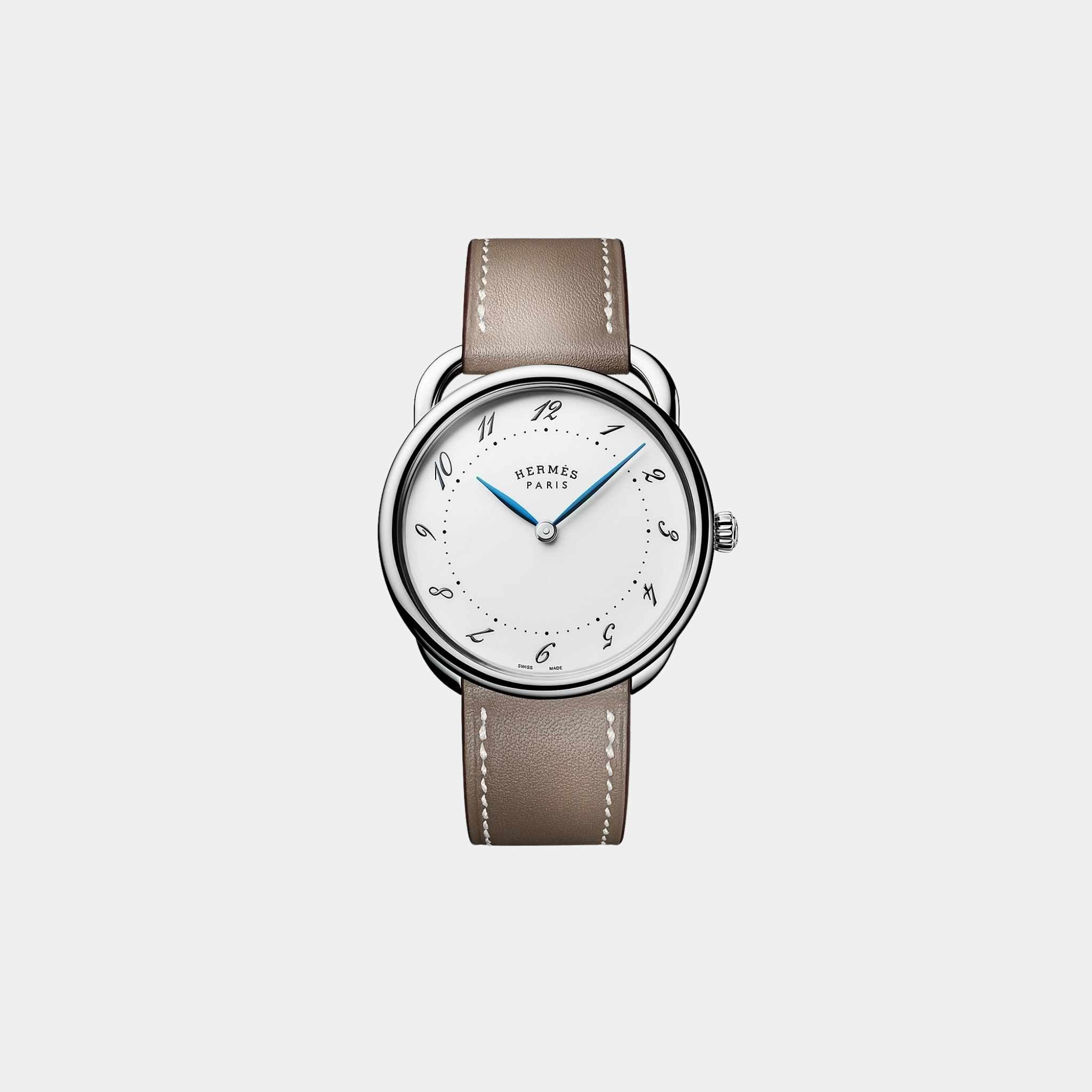 Hermes Arceau 36 mm Steel Watch With Etoupe Swift Calfskin Strap
