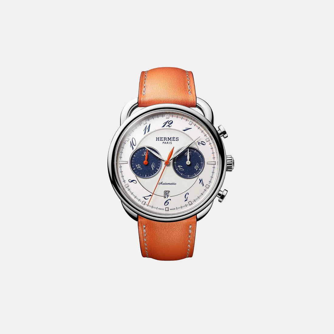 Hermes Arceau Chronograph Watch 42mm Orange Swift Calfskin Strap
