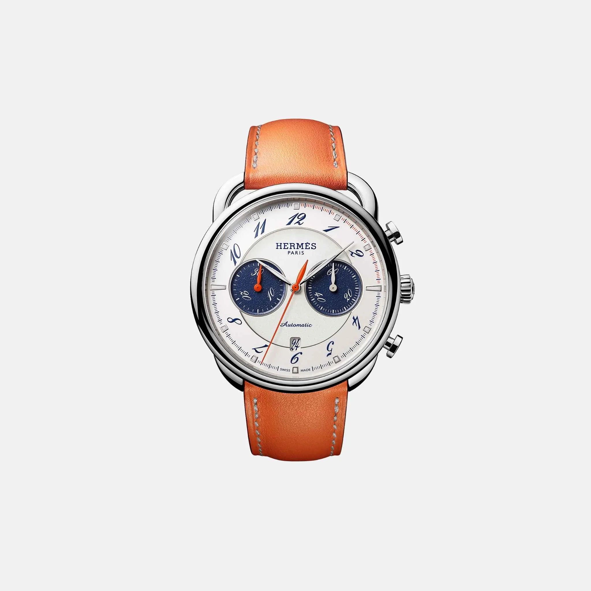 Hermes Arceau Chronograph Watch 42mm Orange Swift Calfskin Strap