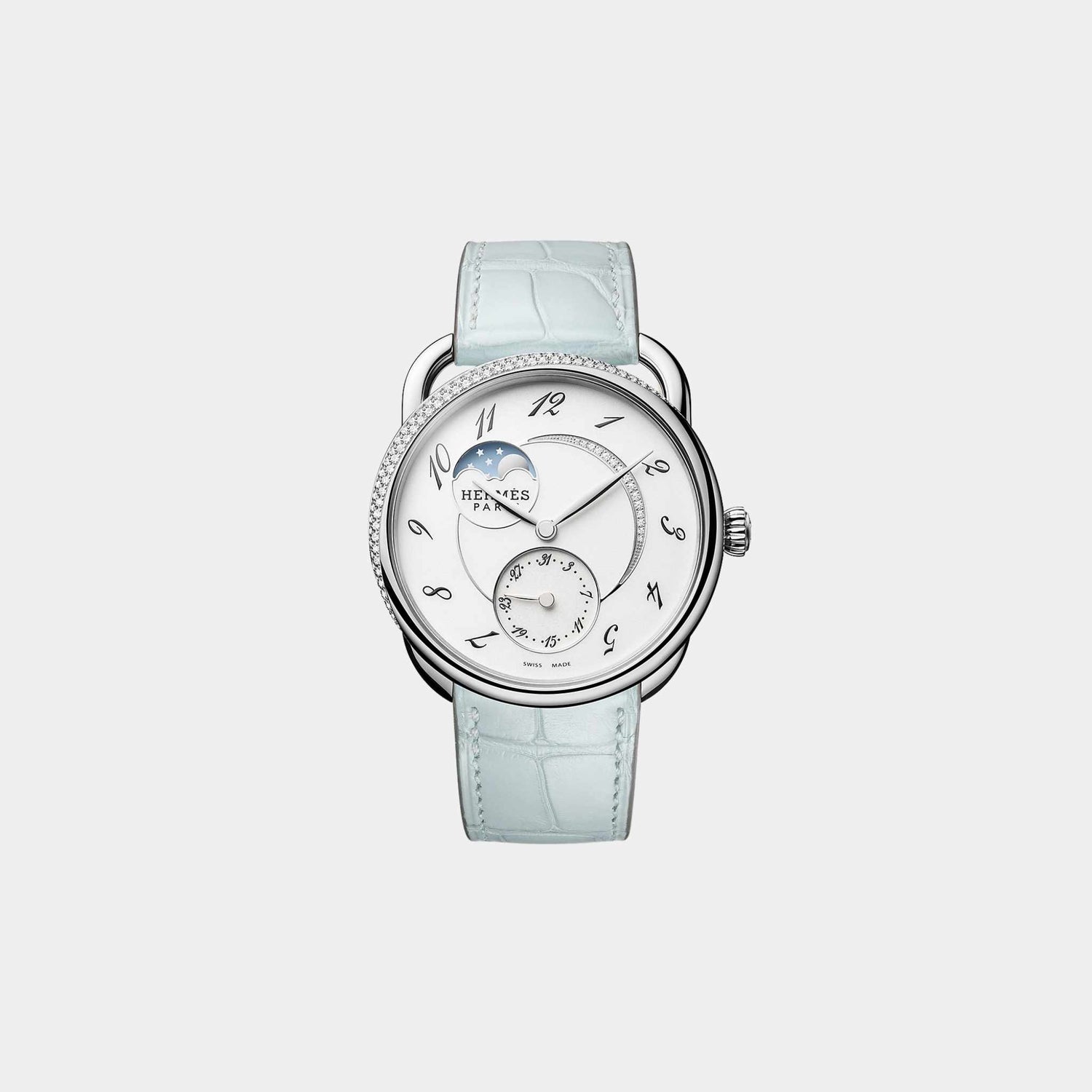 Hermes Arceau Petite Lune 38 mm Watch With Misty Blue Alligator Strap