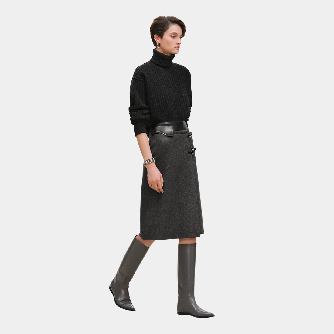 Hermes Basque Skirt, Gris Mica, Model, Front