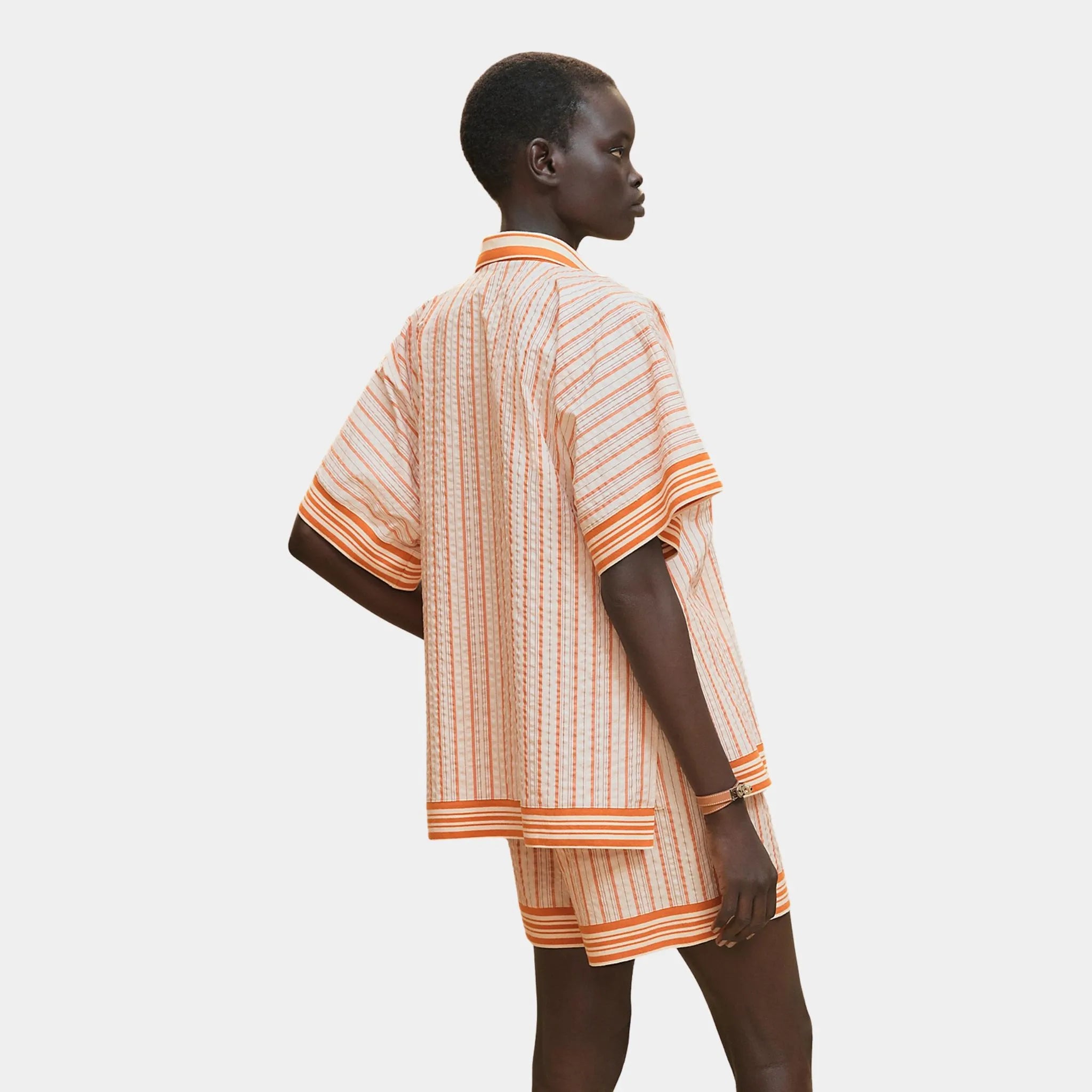 Hermes Beach Shirt in Striped Seersucker, Blanc Casse, Back