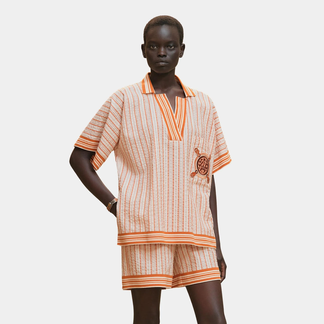 Hermes Beach Shirt in Striped Seersucker, Blanc Casse, Front