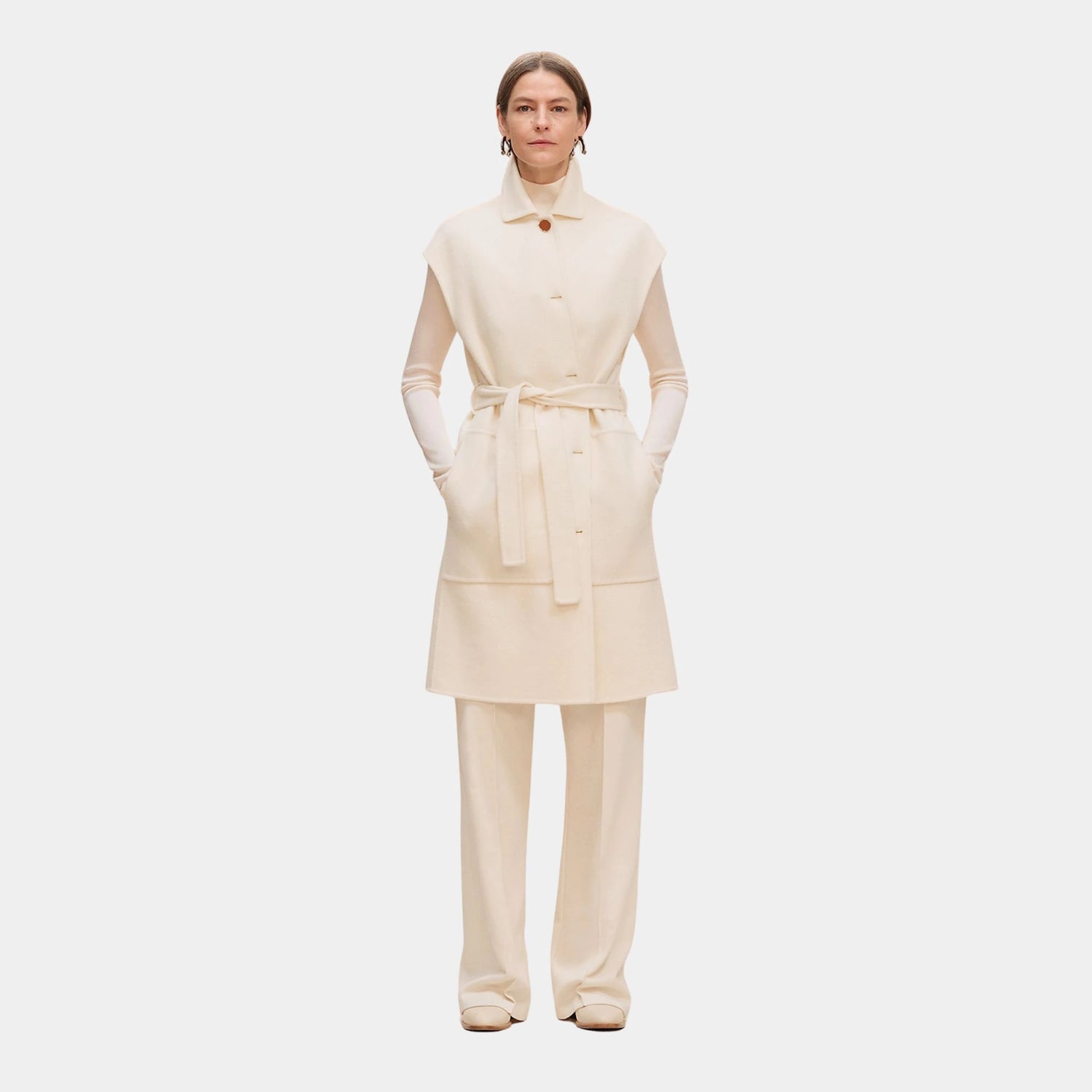 Hermes Belted Cashmere Long Vest, Blanc Naturel, Front