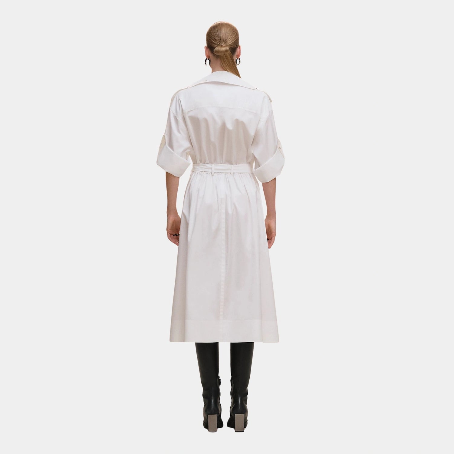 Hermes Belted Wide Dress in Cotton Twill, Blanc, Back
