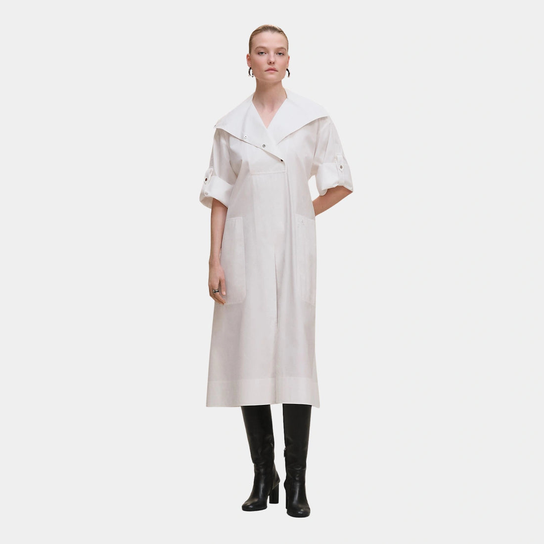 Hermes Belted Wide Dress in Cotton Twill, Blanc, Front