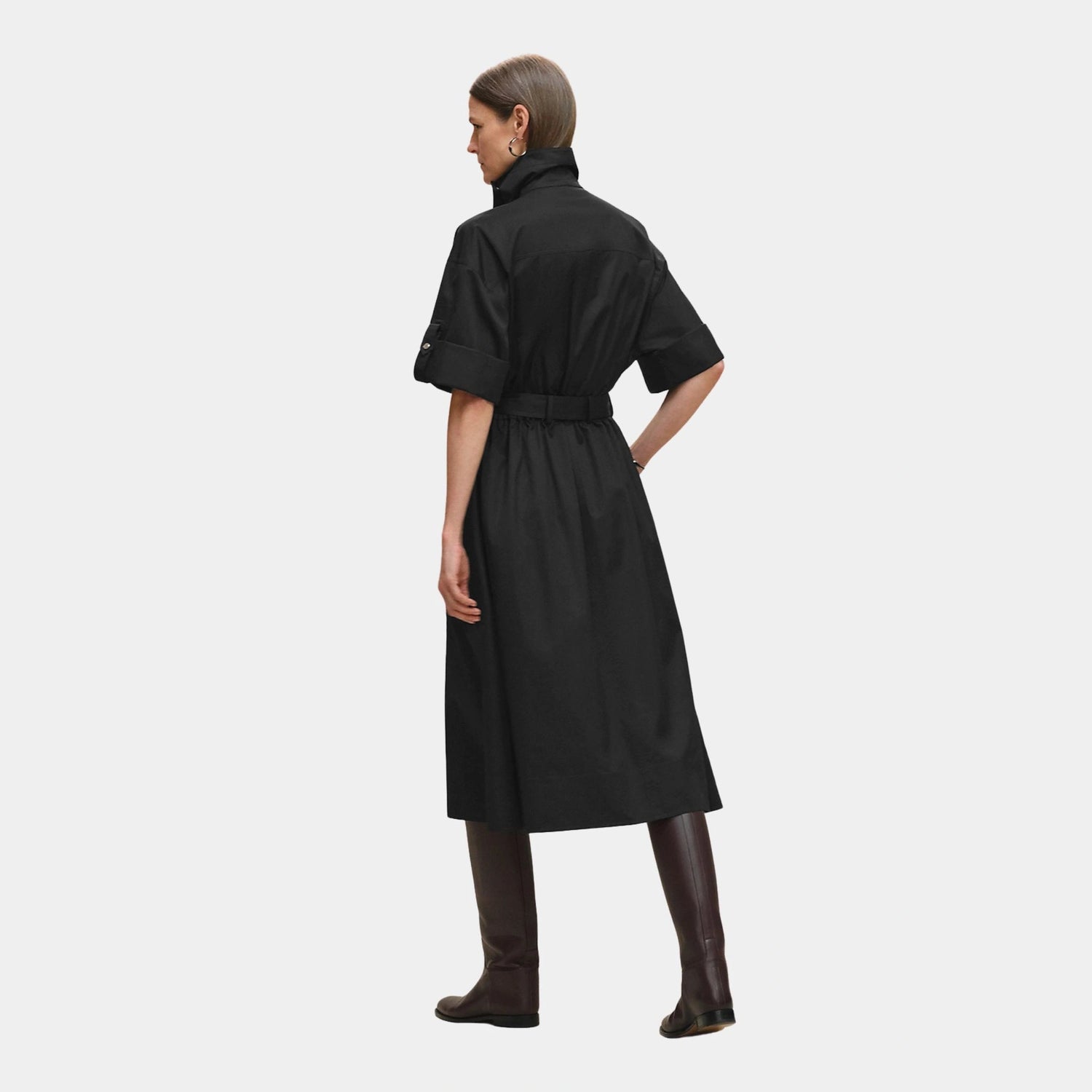 Hermes Belted Wide Dress in Cotton Twill, Noir, Back