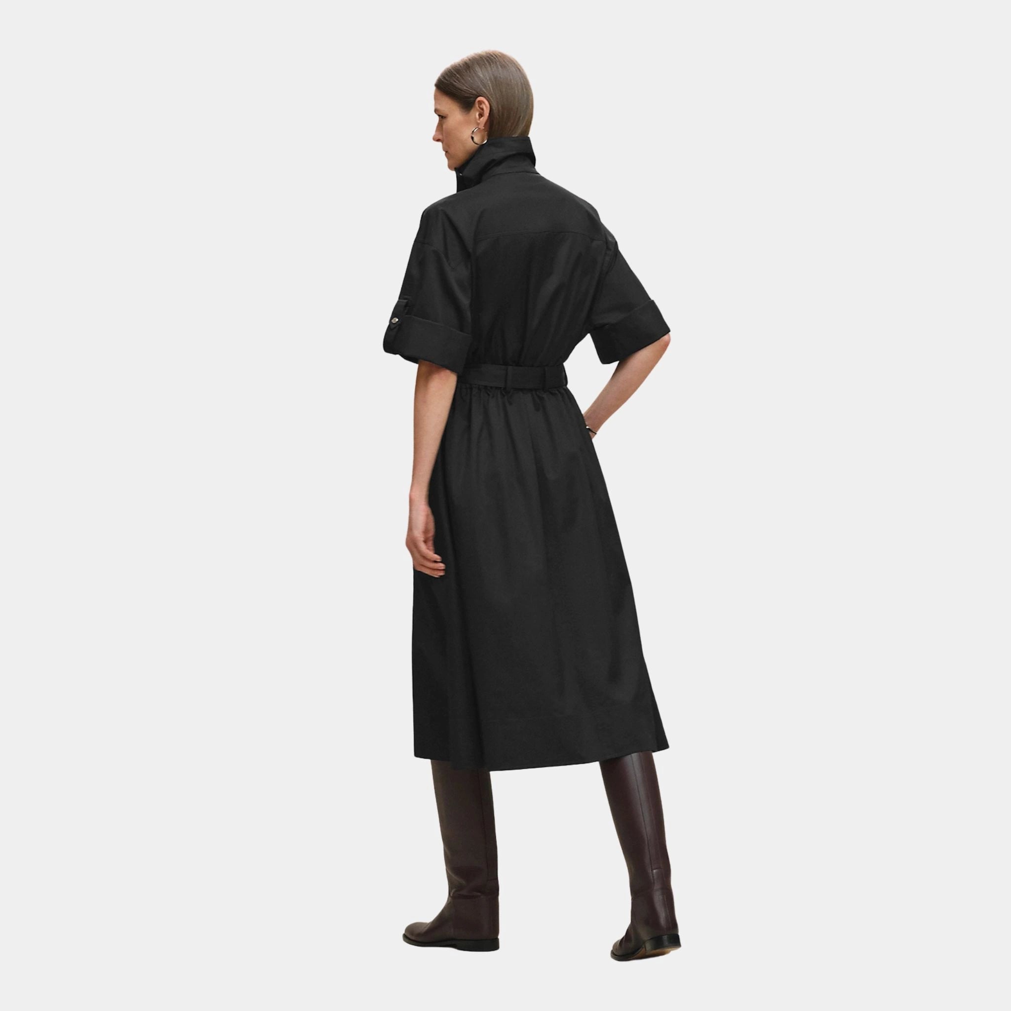 Hermes Belted Wide Dress in Cotton Twill, Noir, Back