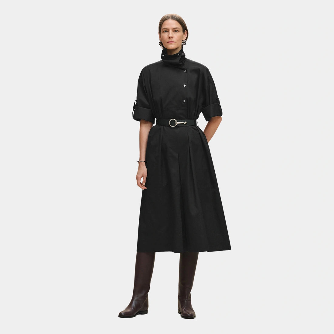 Hermes Belted Wide Dress in Cotton Twill, Noir, Front