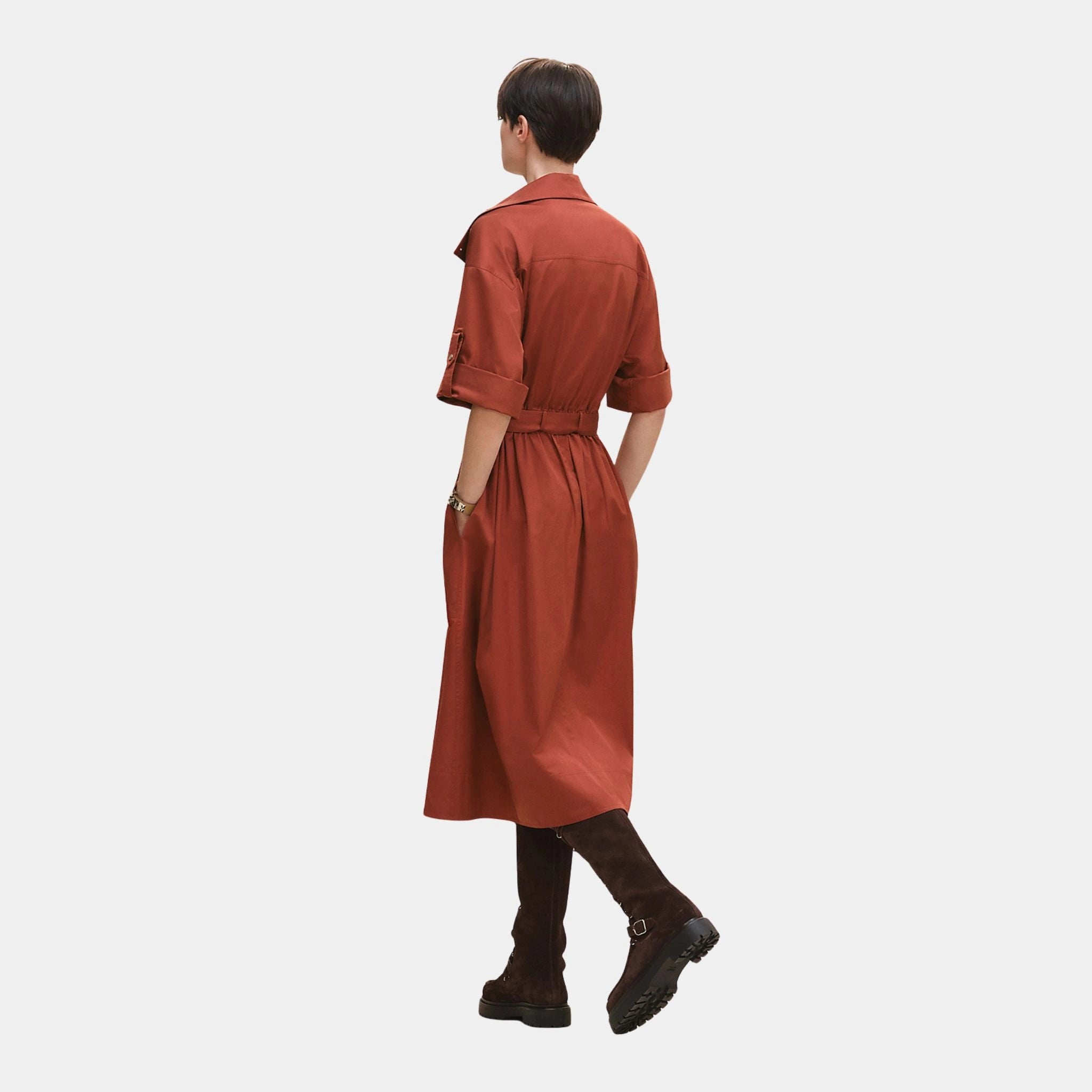 Hermes Belted Wide Dress in Cotton Twill, Rouge Sepia, Back