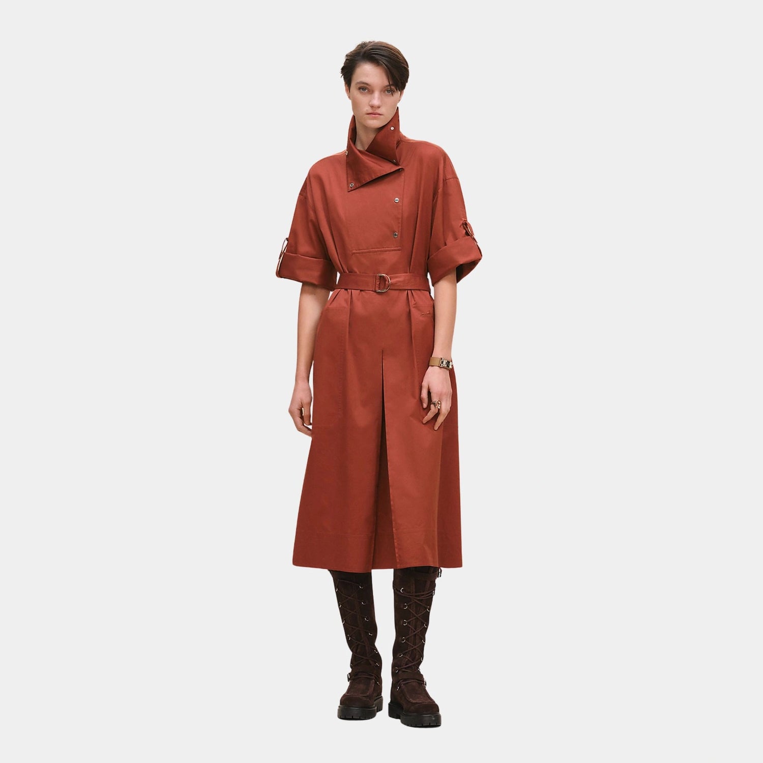 Hermes Belted Wide Dress in Cotton Twill, Rouge Sepia, Front