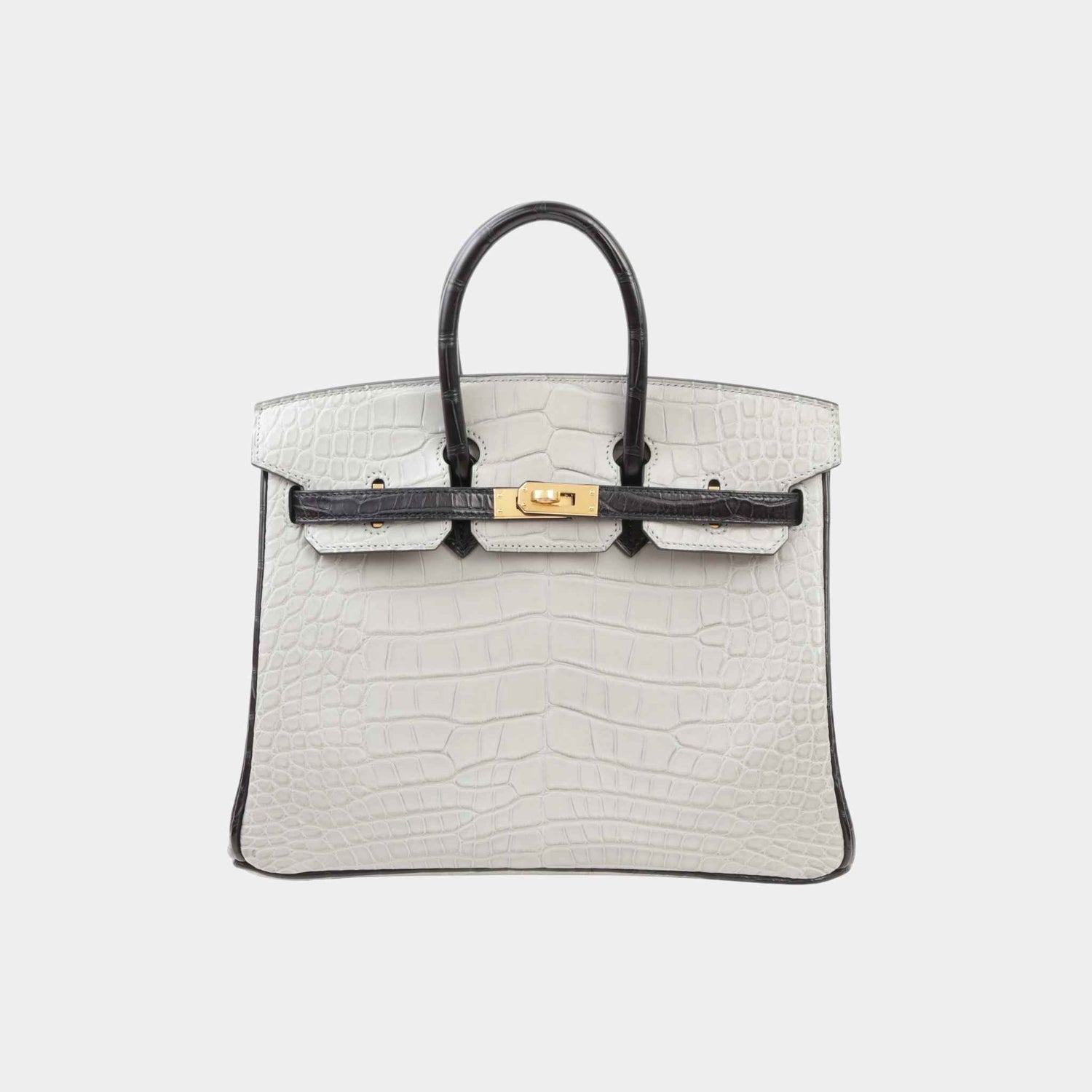 Hermes Birkin 25 HSS Matte Alligator Gris Perle/Black GHW, Front