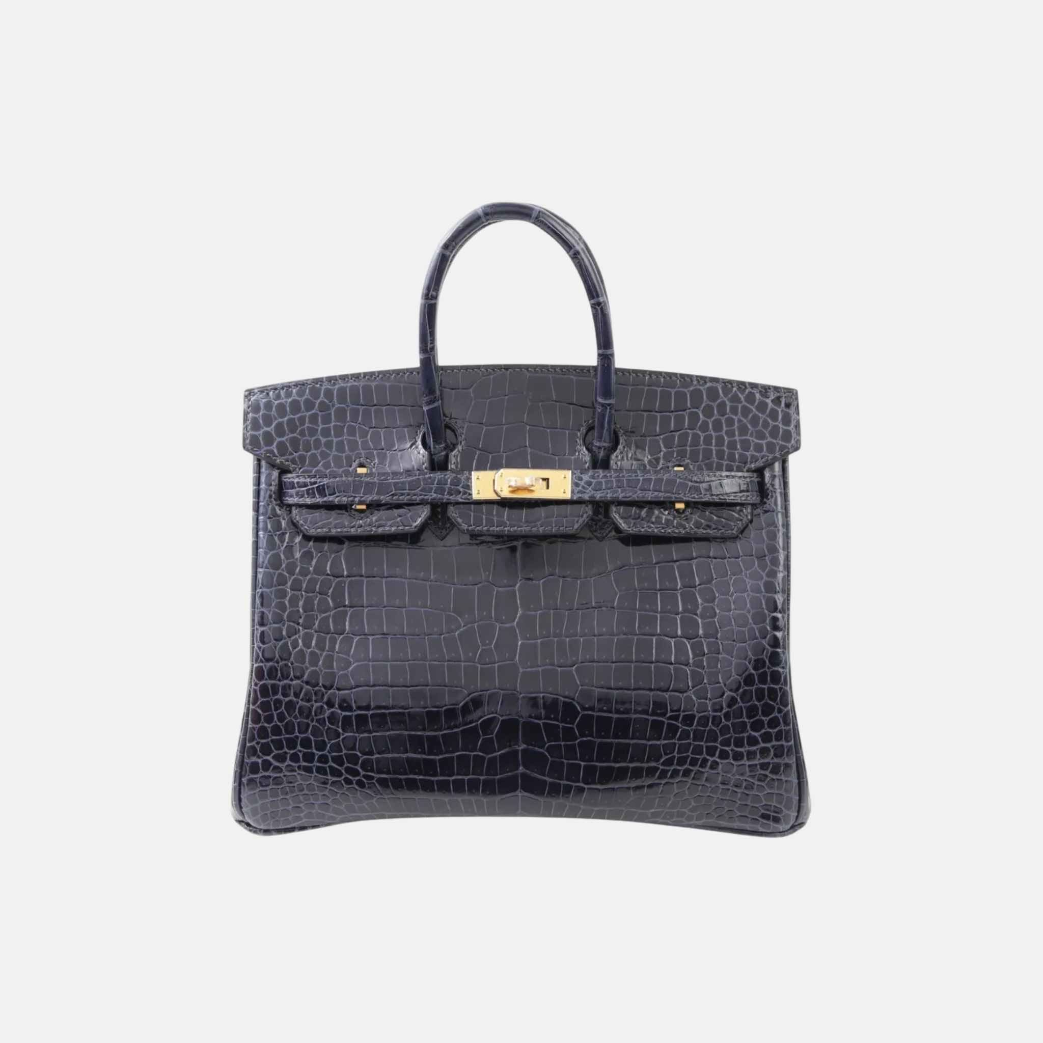 Hermes Birkin 25 Shiny Porosus Crocodile Bleu Baltique GHW, Front