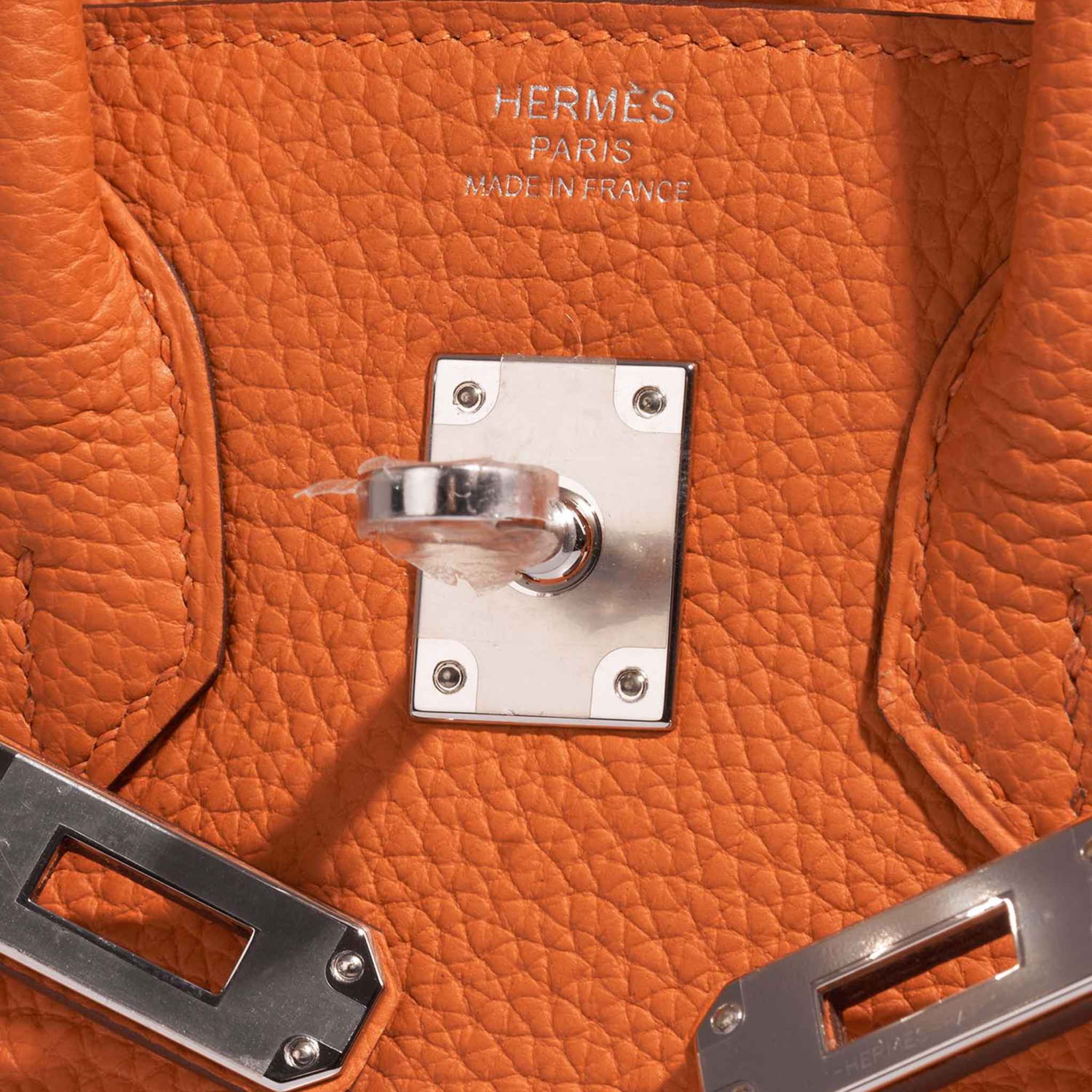 Hermes Birkin 25 Togo Orange H, Closeup, PHW, Unlocked