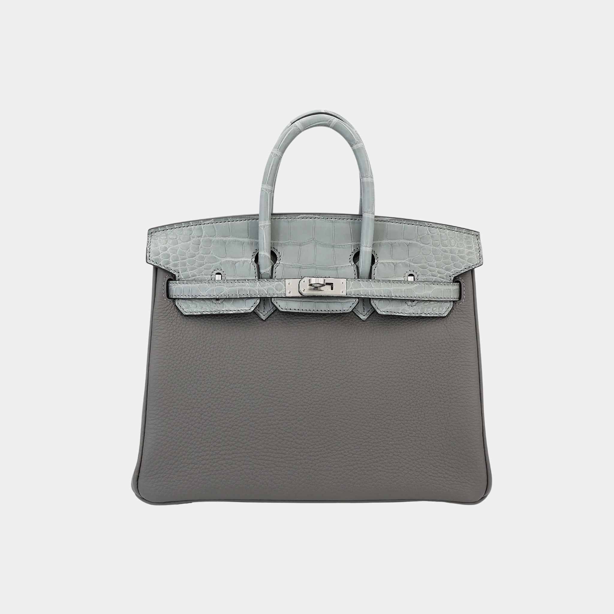 Hermes Birkin 25 Touch Togo-Matte Alligator Gris Meyer/Gris Ciment PHW, Front