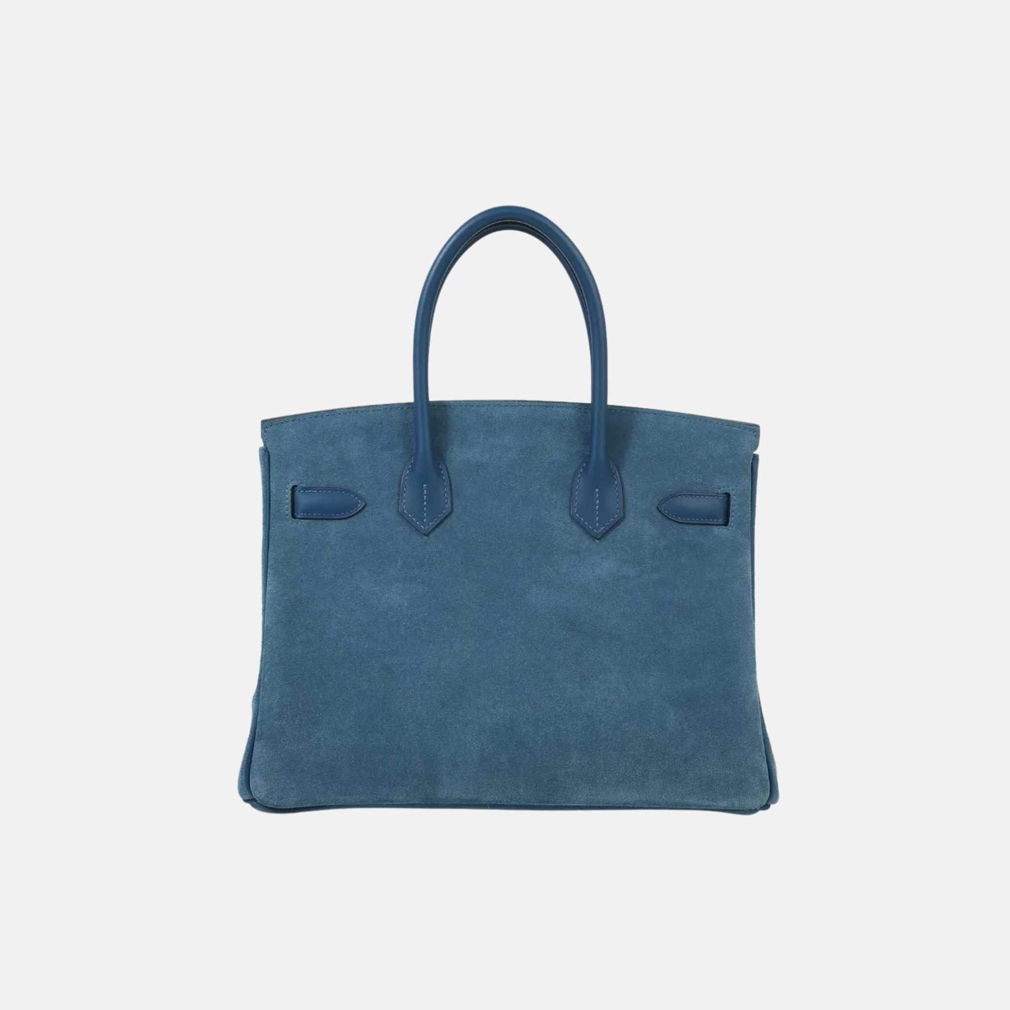 Hermes Birkin 30 Swift-Doblis Suede Blue Thalassa PHW, Back 