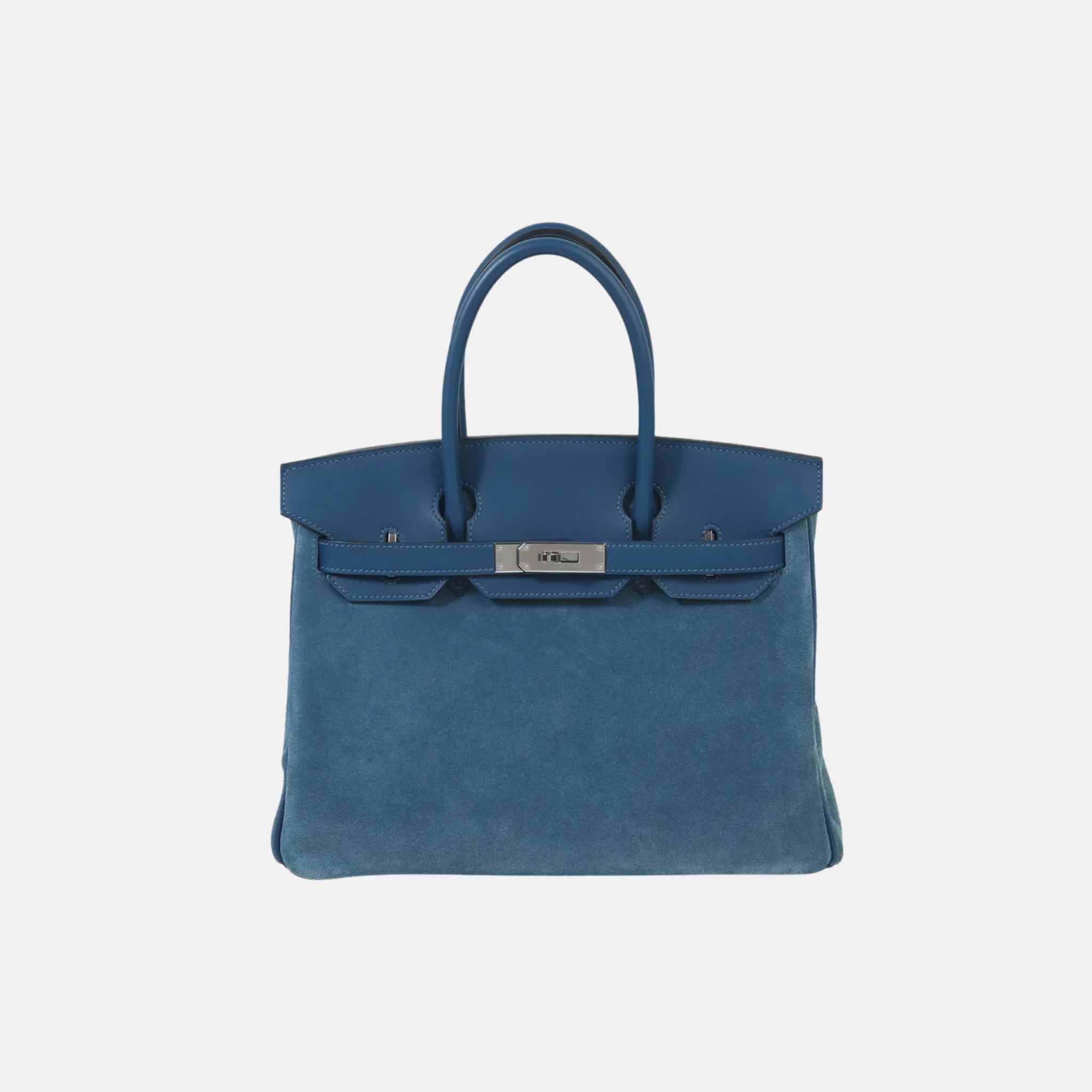 Hermes Birkin 30 Swift-Doblis Suede Blue Thalassa PHW, Front 