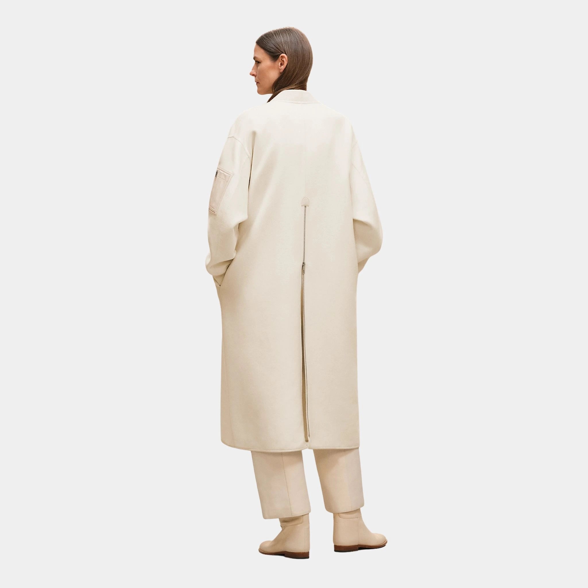 Hermes Bomber-inspired Coat in Double-sided Cashmere, Blanc Naturel, Back