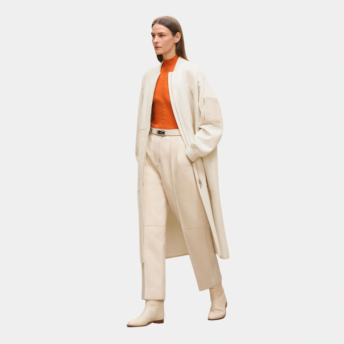 Hermes Bomber-inspired Coat in Double-sided Cashmere, Blanc Naturel, Front