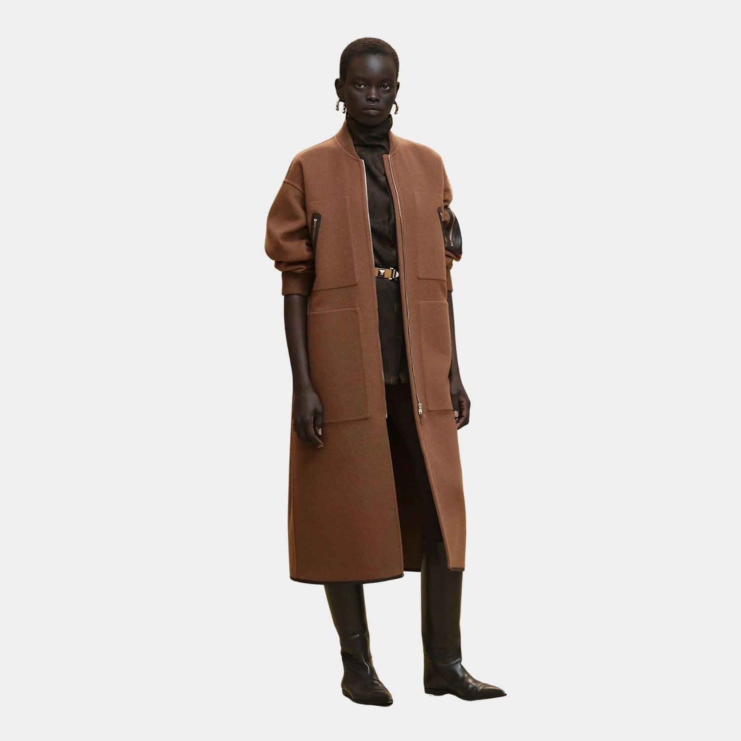 Hermes Bomber-inspired Coat in Double-sided Cashmere, Marron Chene, Front