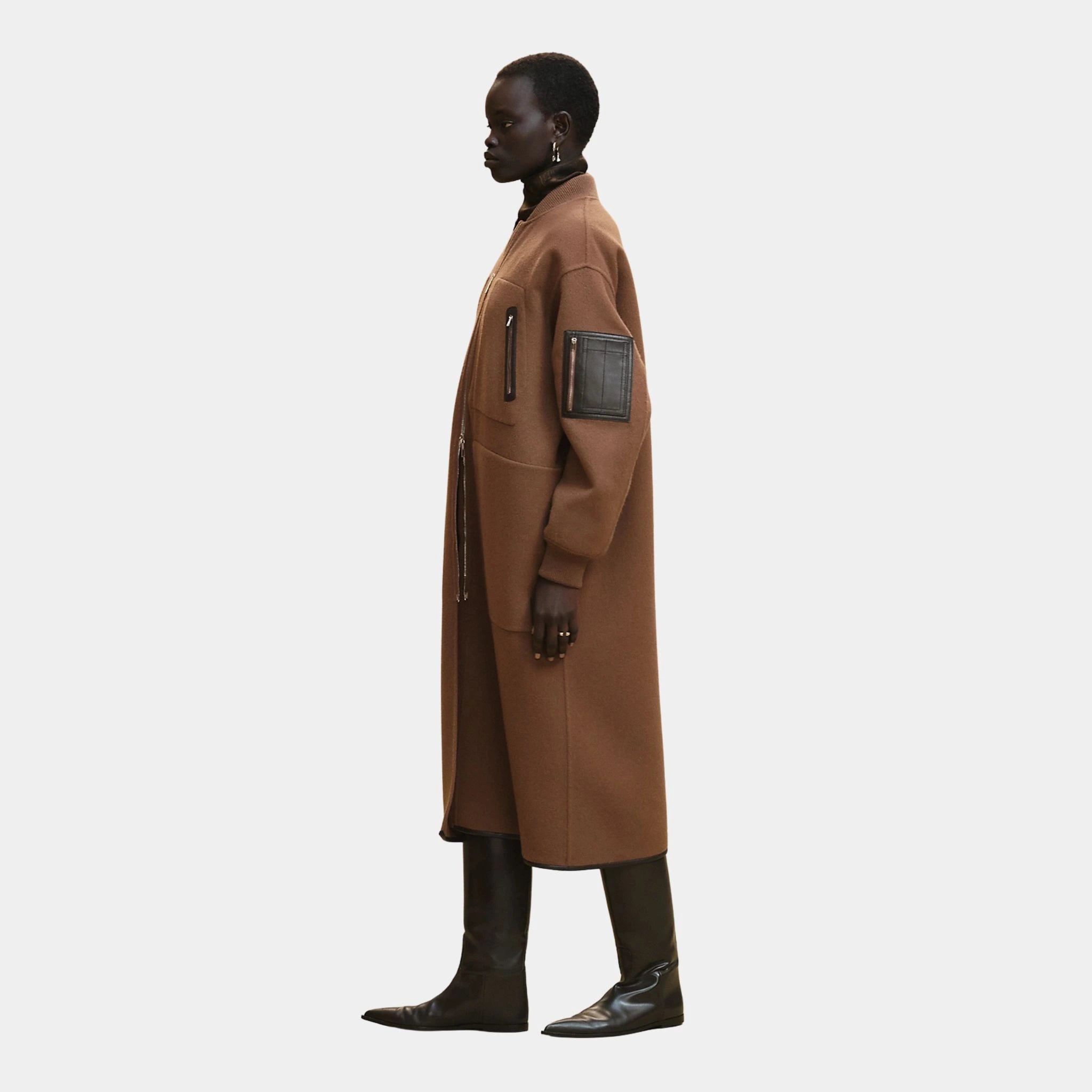 Hermes Bomber-inspired Coat in Double-sided Cashmere, Marron Chene, Side