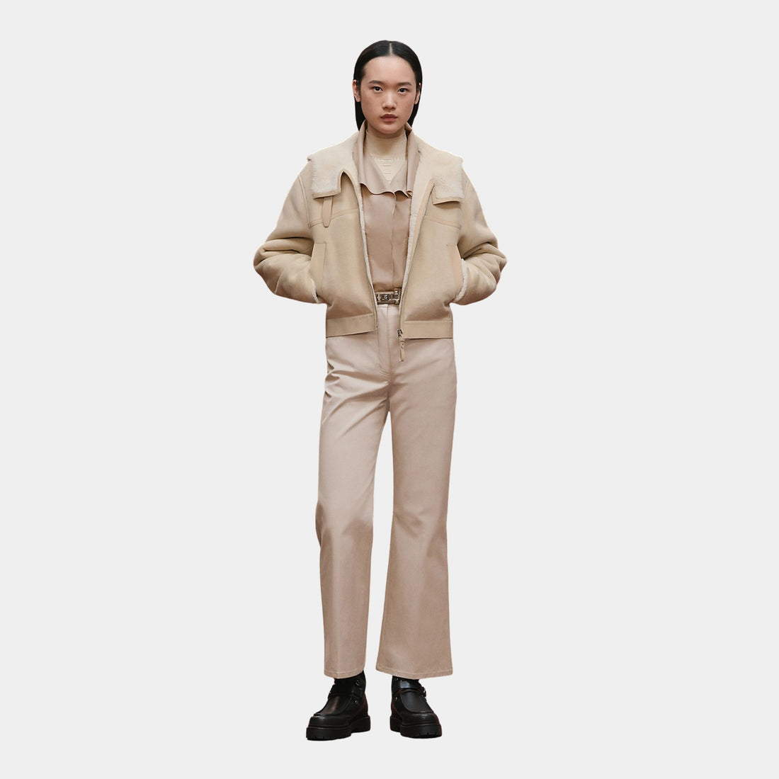 Hermes Bomber-inspired Jacket in Curly Sheepskin, Blanc, Coquille, Model, Front