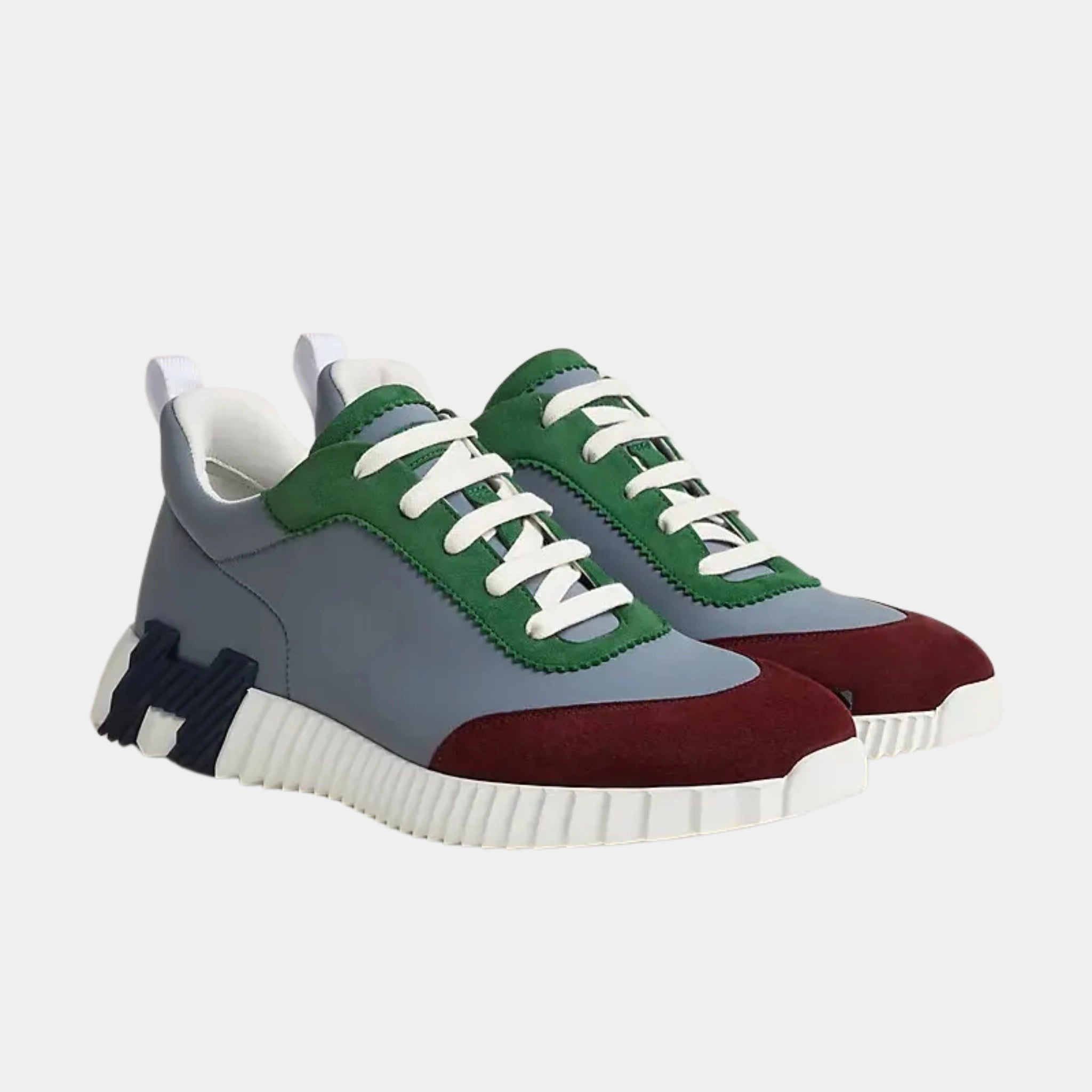 Hermes Bouncing Sneaker in Technical Jersey and Suede Men, Vert, Gris, Bordeaux, Front